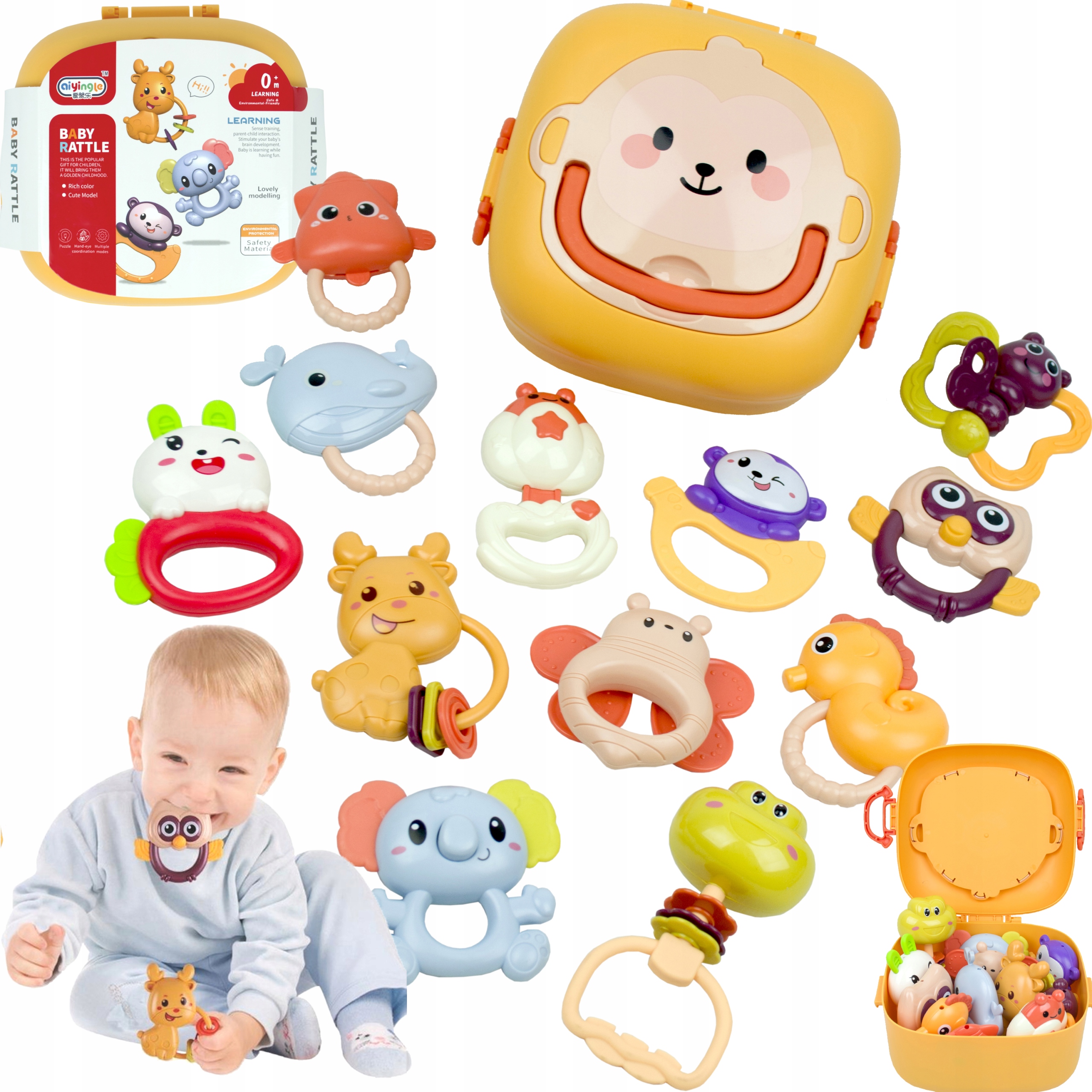 GRZECHOTKI I GRYZAKI ZWIERZĄTKA ZESTAW DLA NIEMOWLĄT 12 SZTUK W PUDEŁKU