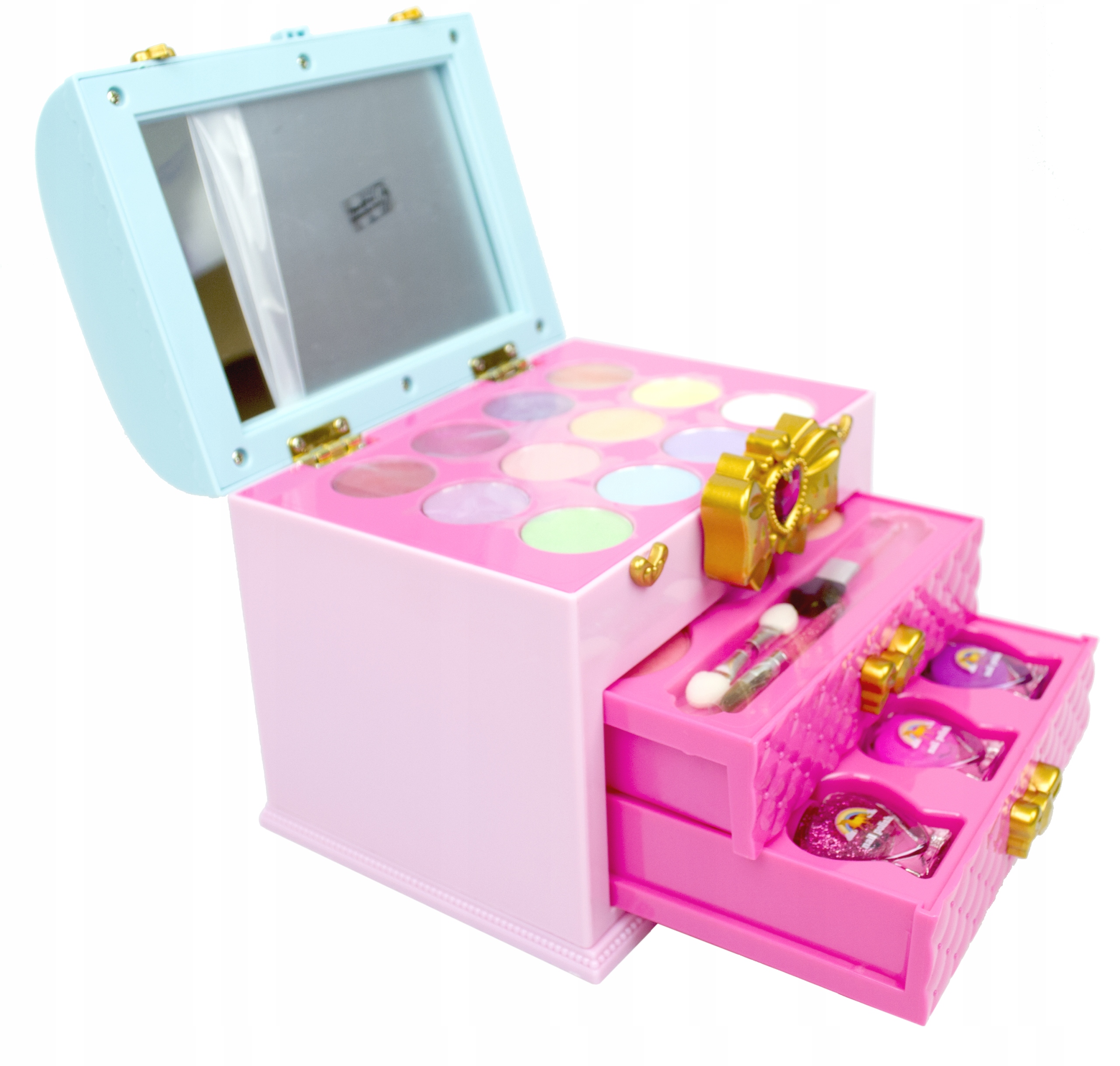 KUFEREK Z KOSMETYKAMI DO MAKIJAŻU CIENIE LAKIERY LUSTERKO