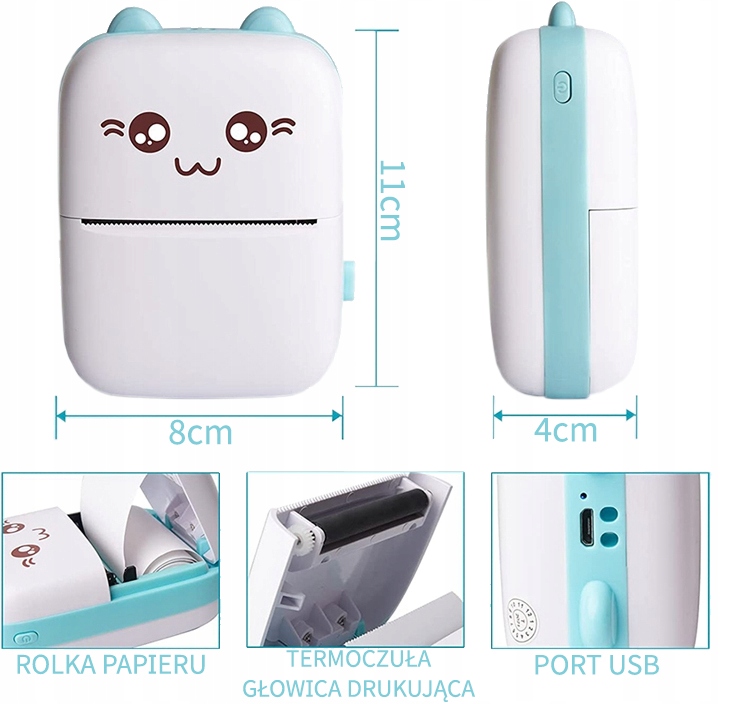 MINI DRUKARKA KOTEK DO ZDJĘĆ TERMICZNA KIESZONKOWA BEZPRZEWODOWA USB ROLKA