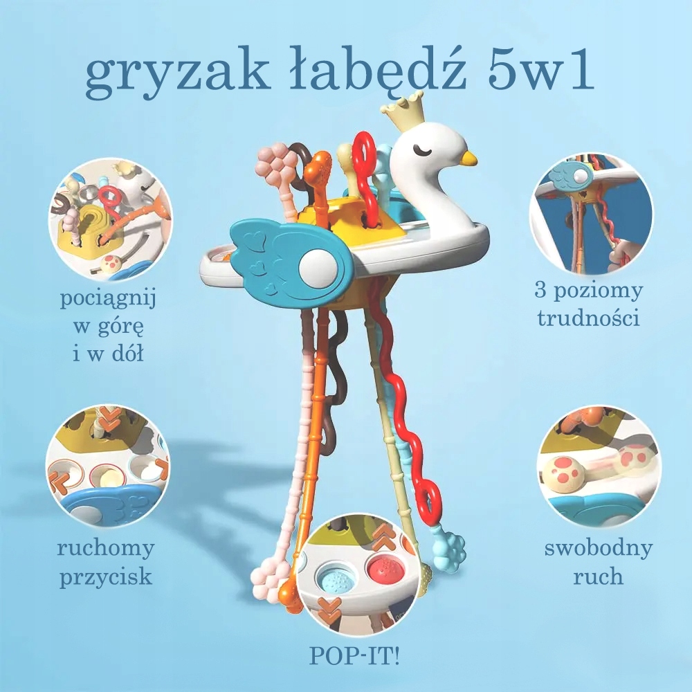 ZABAWKA SENSORYCZNA ŁABĘDŹ GRYZAK DLA NIEMOWLĄT 5W1 ZABAWKA MONTESSORI