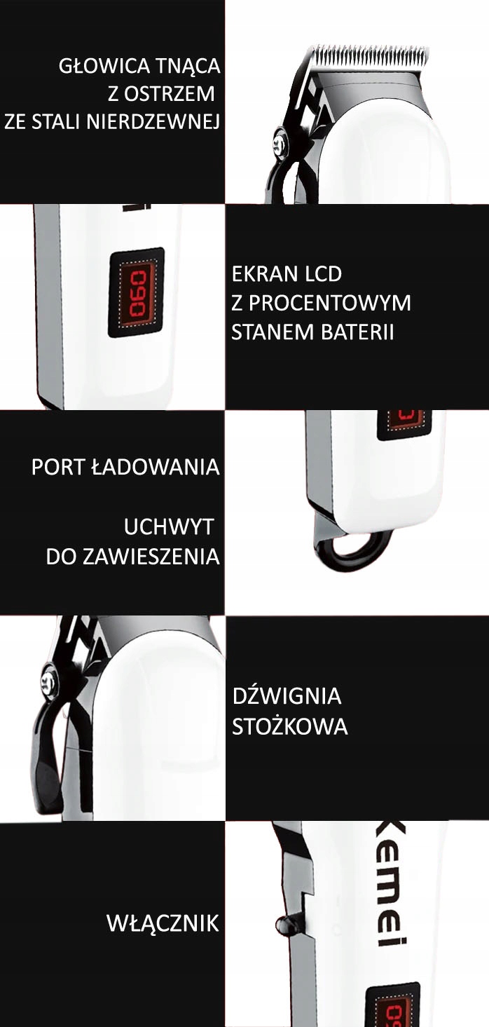 KM-809A KEMEI BEZPRZEWODOWA MASZYNKA DO STRZYŻENIA WŁOSÓW GOLARKA LCD USB