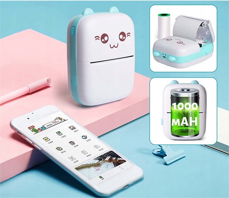 MINI DRUKARKA KOTEK DO ZDJĘĆ TERMICZNA KIESZONKOWA BEZPRZEWODOWA USB ROLKA