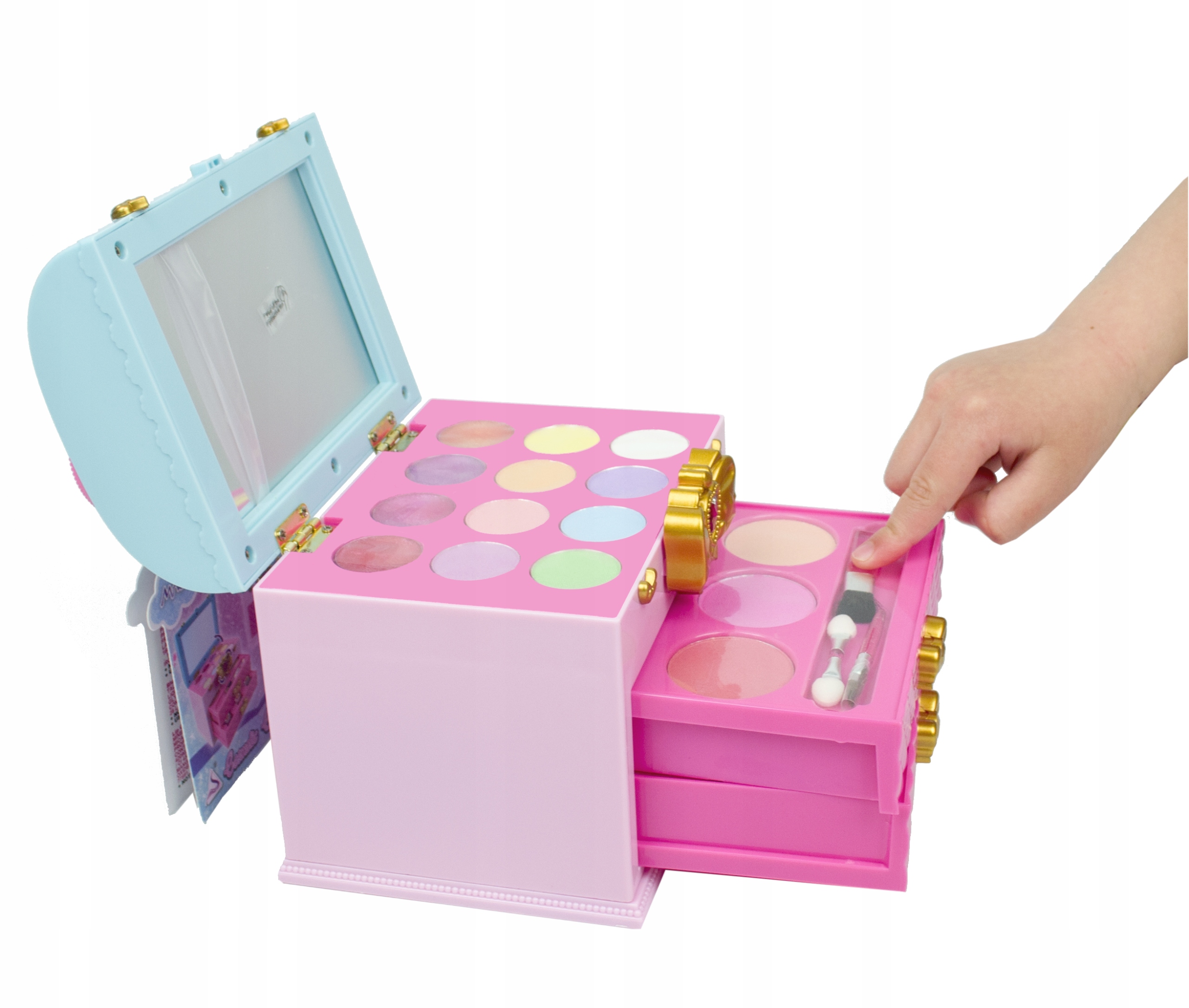 KUFEREK Z KOSMETYKAMI DO MAKIJAŻU CIENIE LAKIERY LUSTERKO