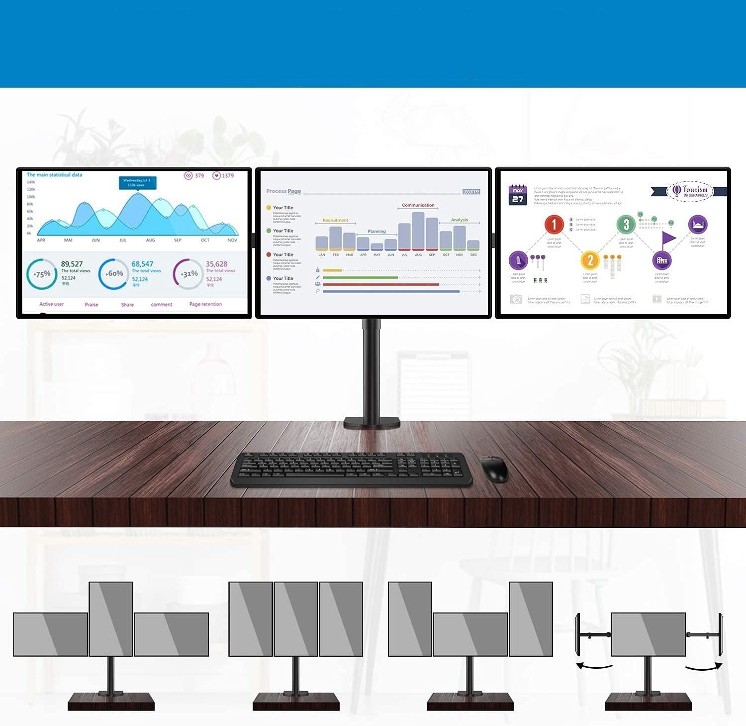 HUANUO Regulowany Uchwyt na 3 Monitory 13-24 Cali Czarny