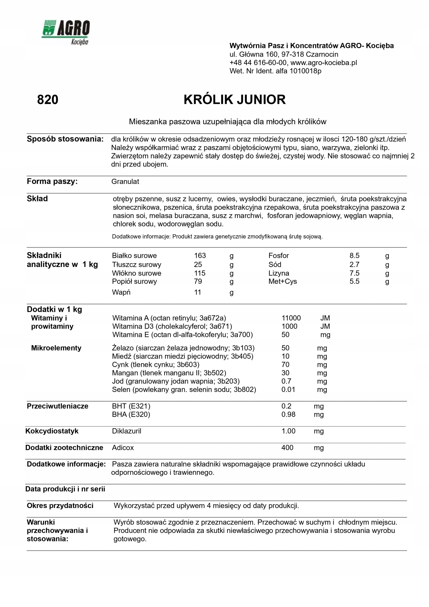 Pasza Karma Królik Junior z marchewką 25kg