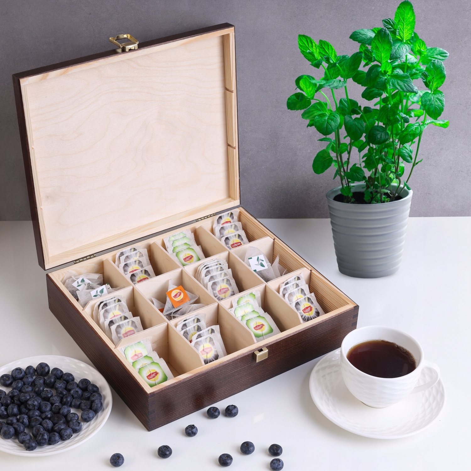 Herbaciarka pudełko na herbatę brązowe 12 przegród