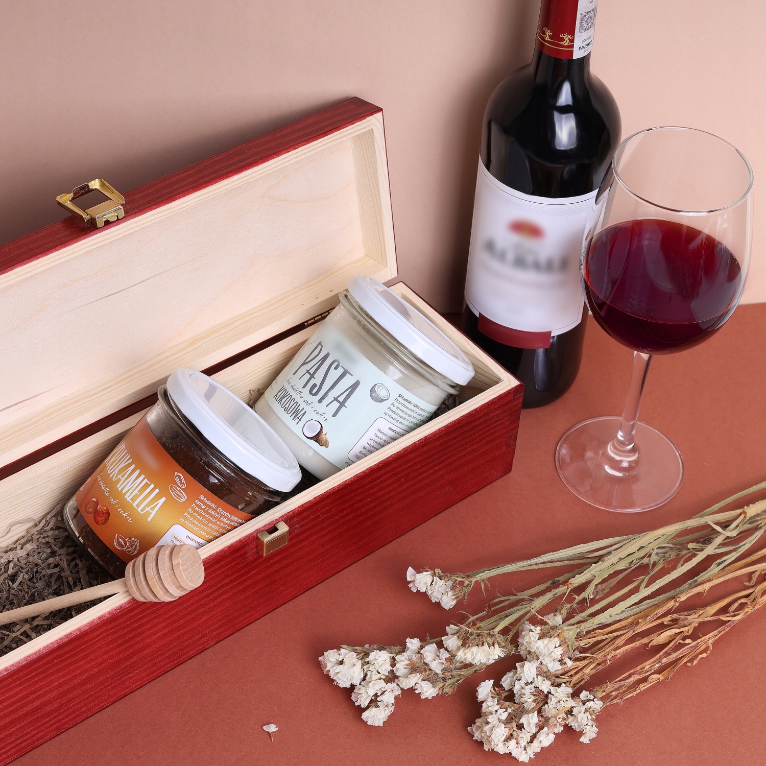 Pudełko drewniane na wino mahoniowe decoupage