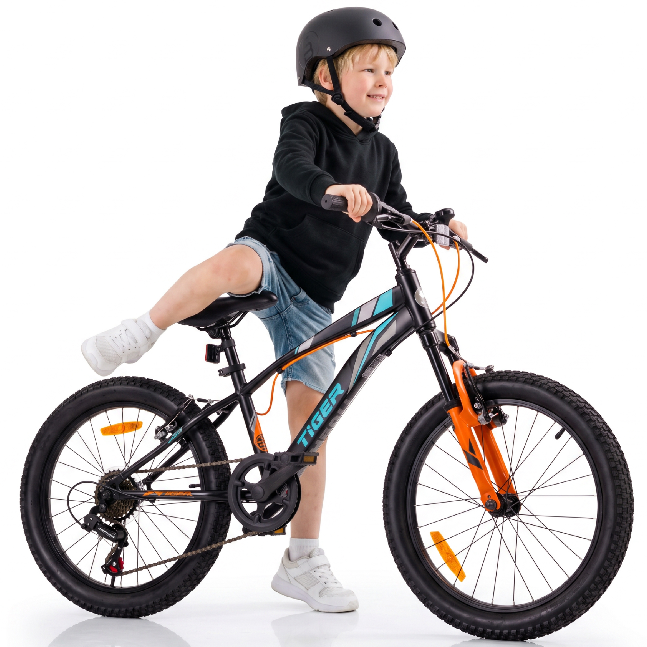 sun baby TIGER BIKE Børnecykel 20 tommer - 6 gear Shimano - Justerbar sadel og styr, V-bremse, Kædeskærm - Sort Turkis Grå Orange