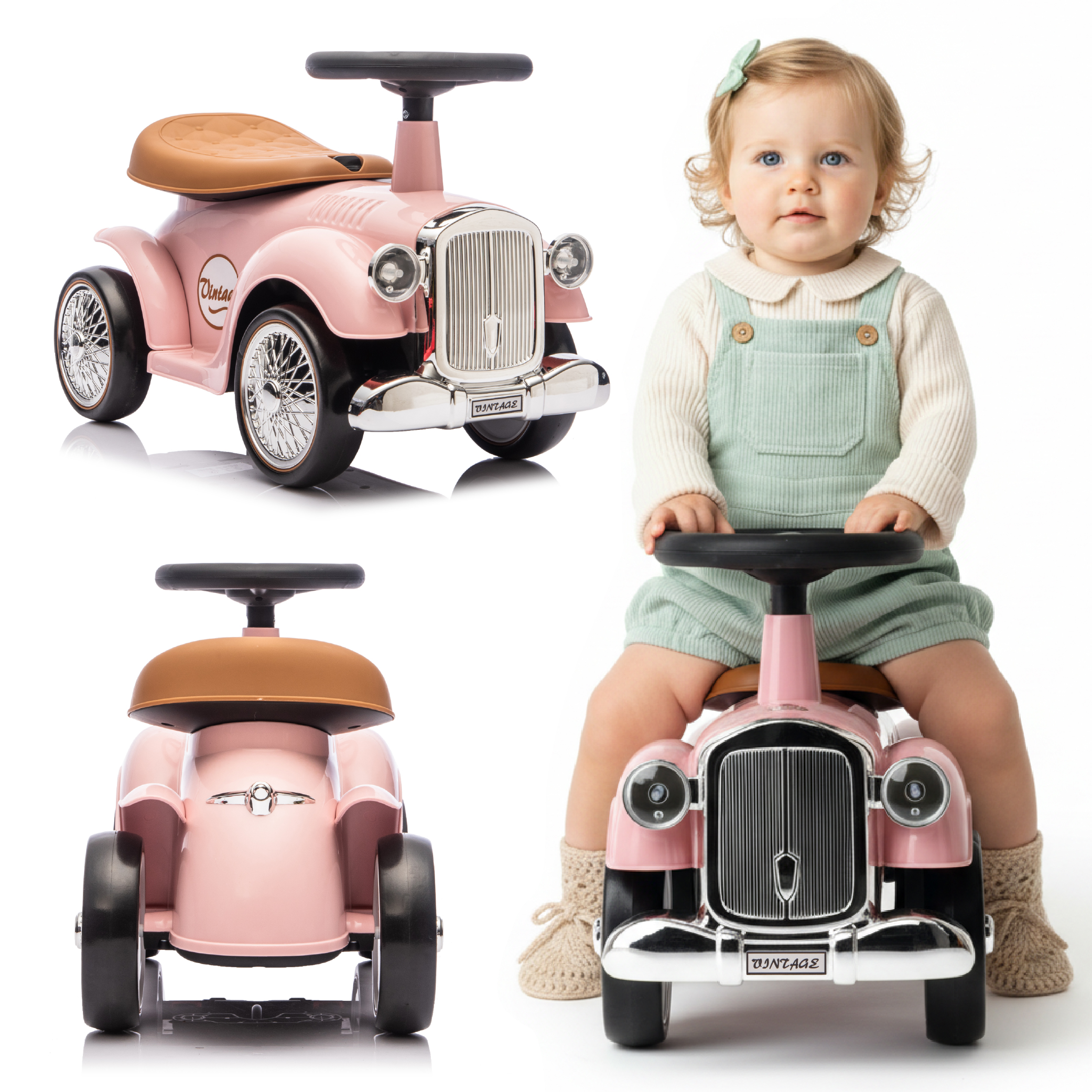 SUN BABY Gåbil til børn Retro fra 1 år med opbevaring under sædet, lydfunktion, op til 23 kg pudderrosa
