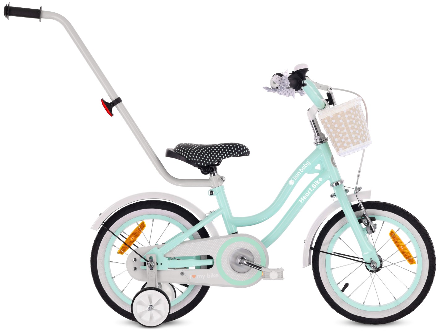 sun baby HEART BIKE Børnecykel 14 tommer - Kurv, Håndtag, Støttehjul - Silver Moon Mint