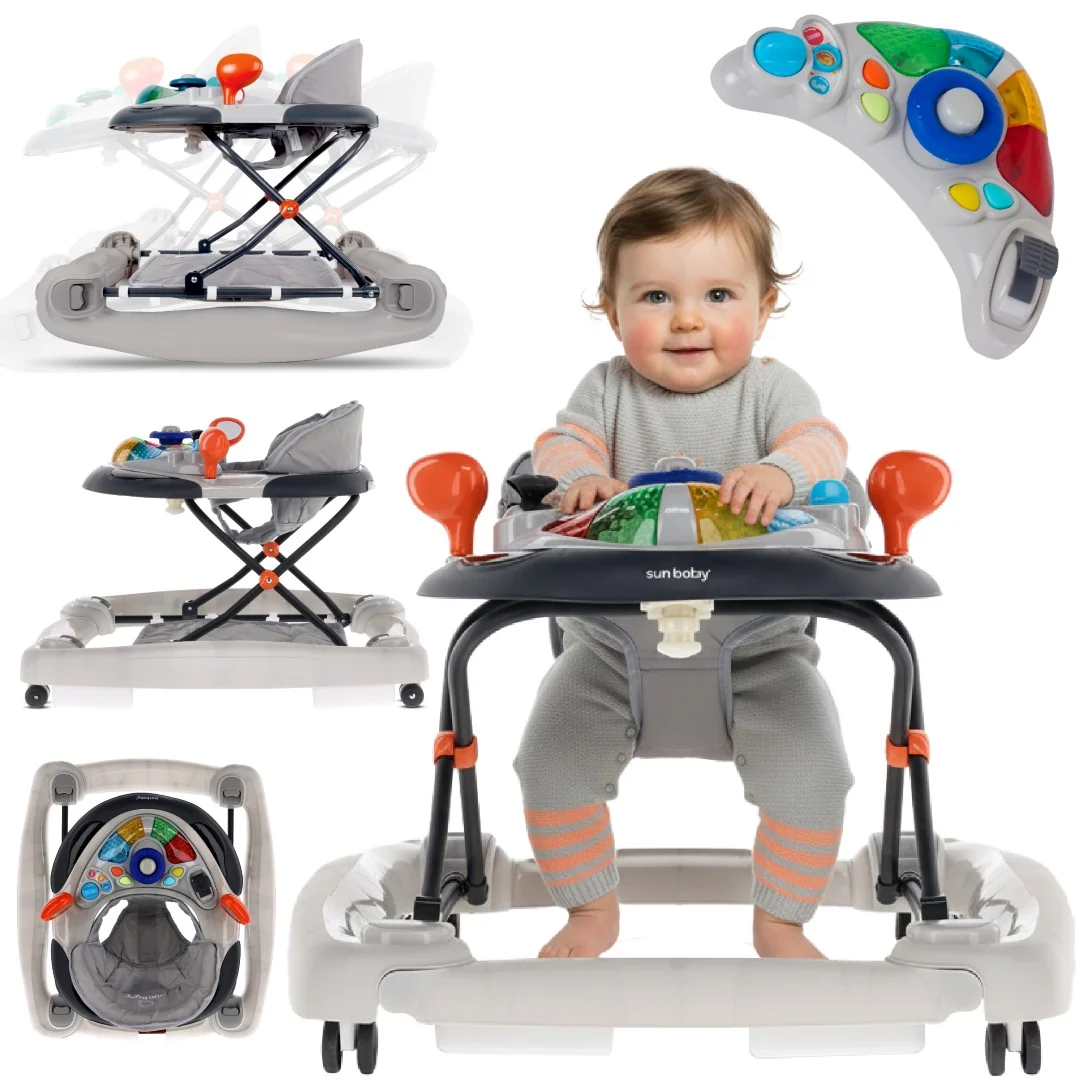 SUN BABY Gåstol för barn från 6 månader med mjuka 360° svängbara hjul och säkerhetsstopp, gungfunktion, upp till 12 kg grå