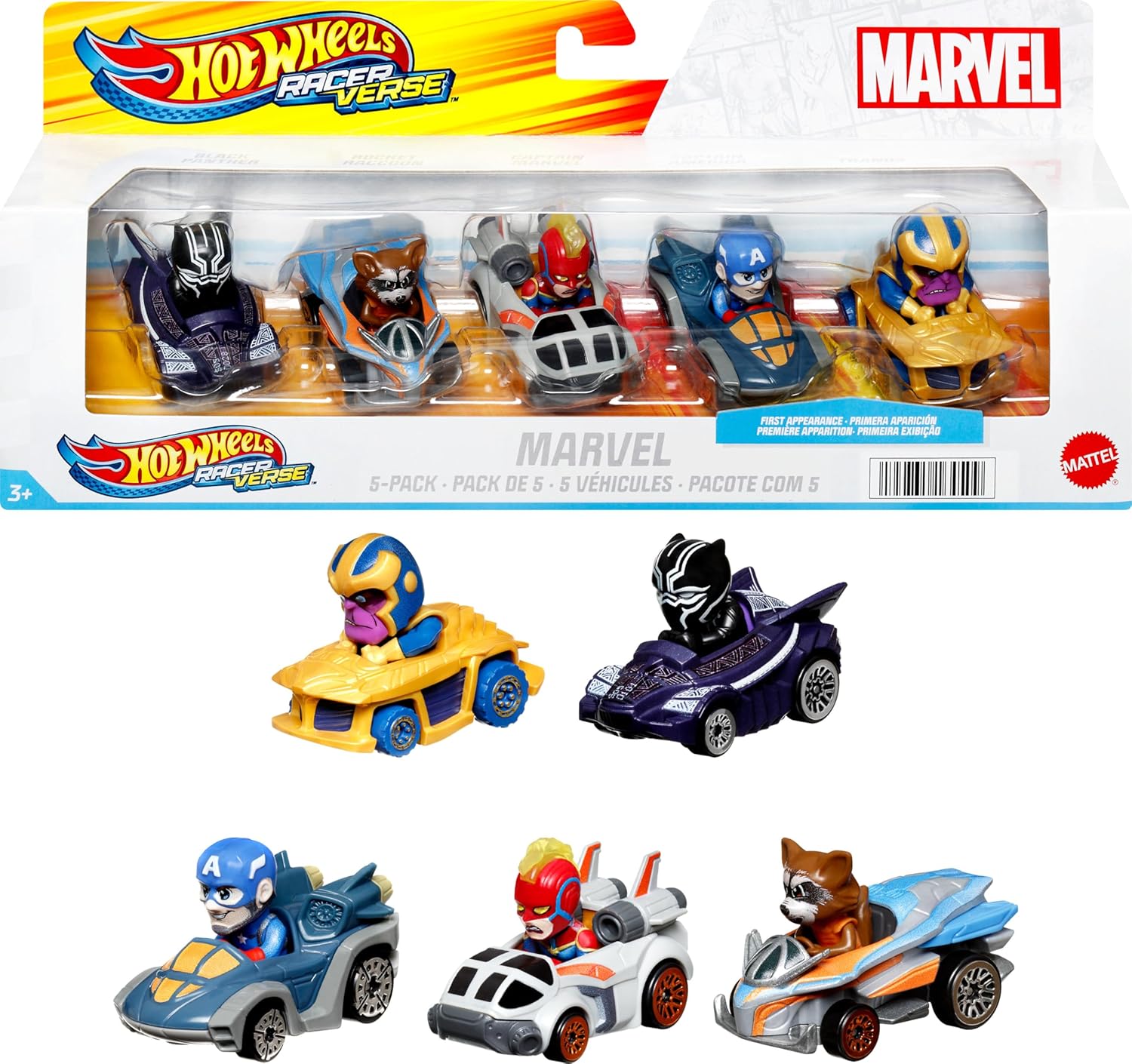 Zdjęcie produktu Hot Wheels RacerVerse Marvel Pojazdy 5-pak Zestaw 5 pojazdów do jazdy po torze, prezent dla dzieci i dorosłych kolekcjonerów HPN40