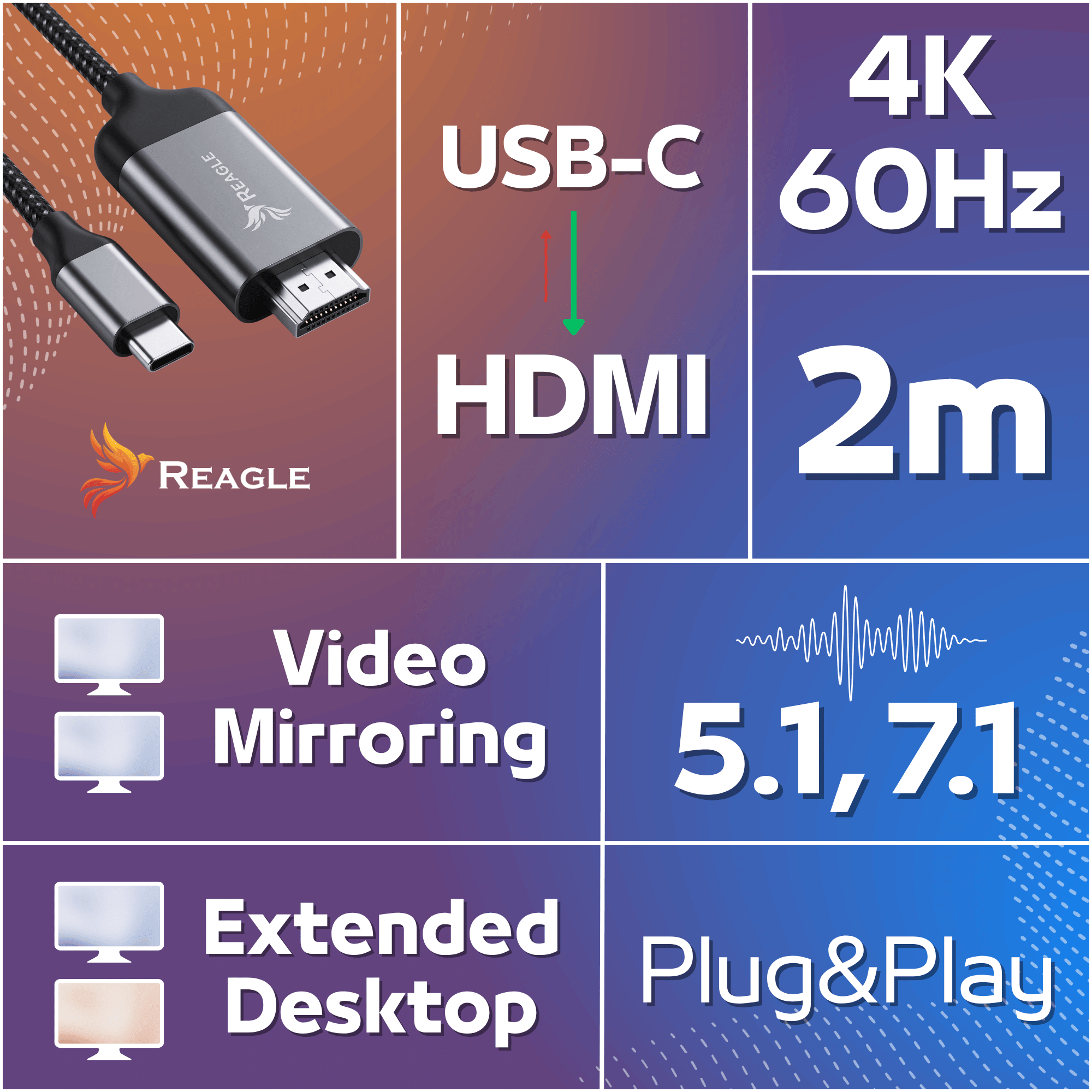 Reagle RUCH200P kabel USB-C HDMI 4K 60 Hz 2 m