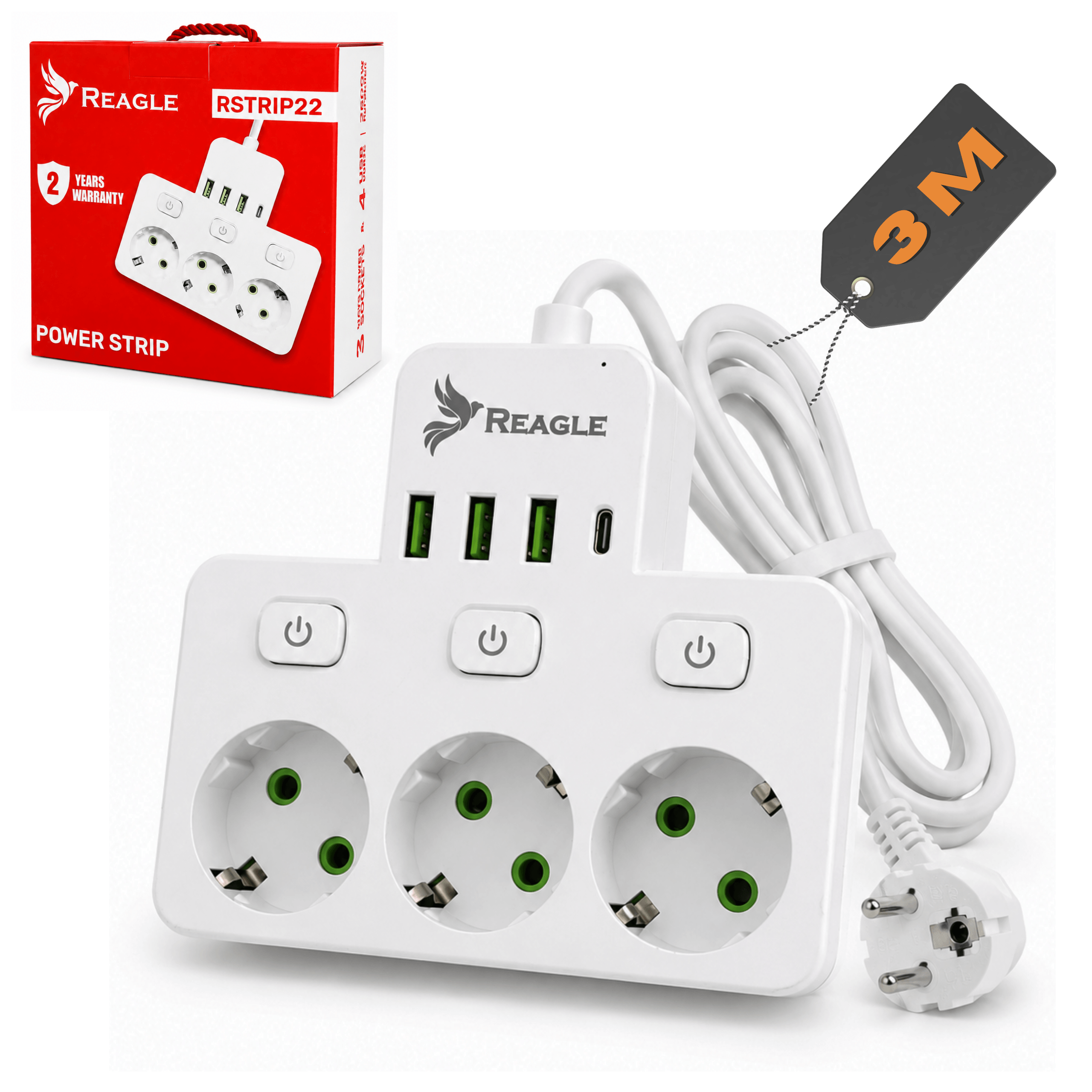 Listwa zasilająca 3 m 3 gniazda 3x USB 1x USB-C biały