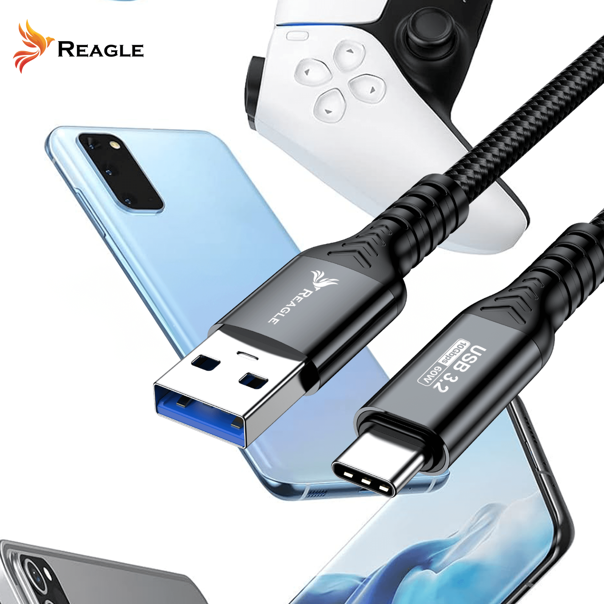 KABEL PRZEWÓD USB C 3M 3.2 Gen2 10Gbps SZYBKIE ŁADOWANIE PD 60W USB-A QC 4 REAGLE_3