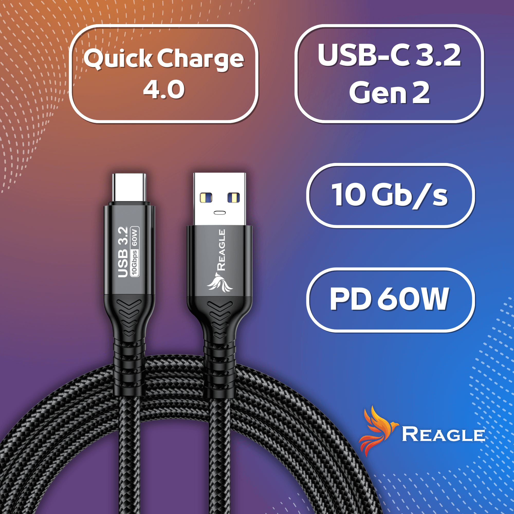 KABEL PRZEWÓD USB C 2M 3.2 Gen2 10Gbps SZYBKIE ŁADOWANIE PD 60W USB-A QC 4 REAGLE_1