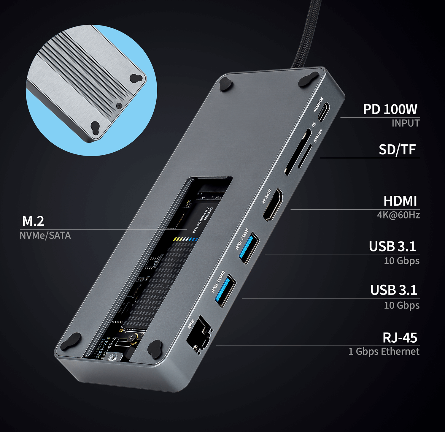 Reagle Hub 2-in-1 USB A C mit SSD NVMe SATA M.2 Gehäuse mit HDMI Ethernet PD100W_1