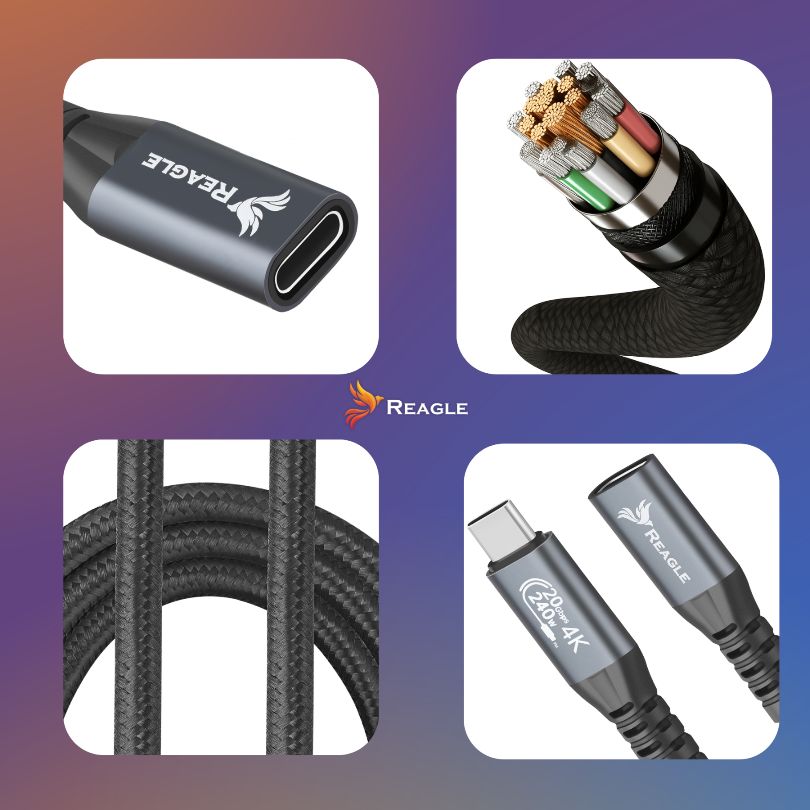 Reagle RPC300P przedłużacz USB-C nylonowy oplot aluminiowe końcówki