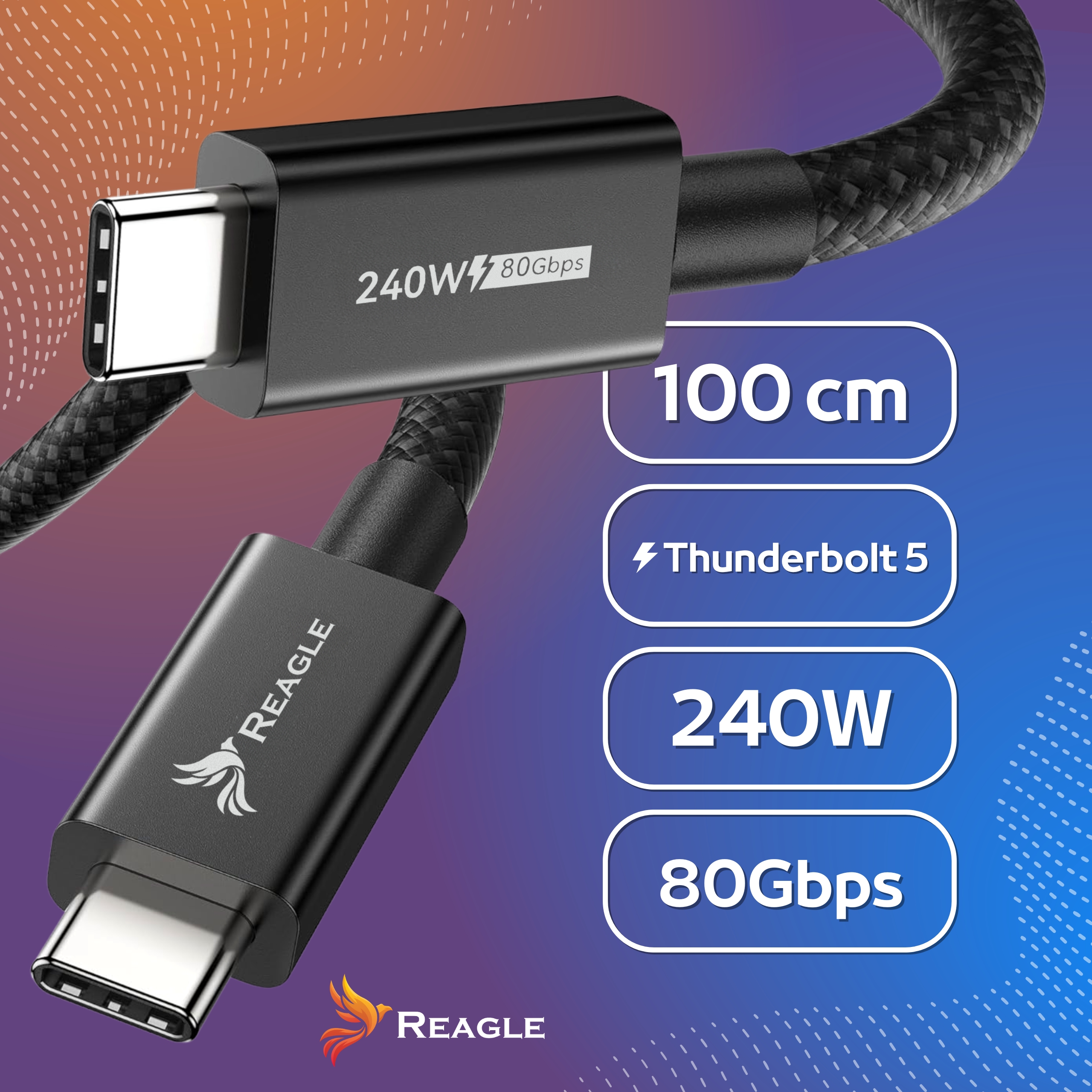 REAGLE Kabel THUNDERBOLT 5 USB-C PD 240W 16K 80 Gbps USB4, Macbook Pro 14 16 1m_2