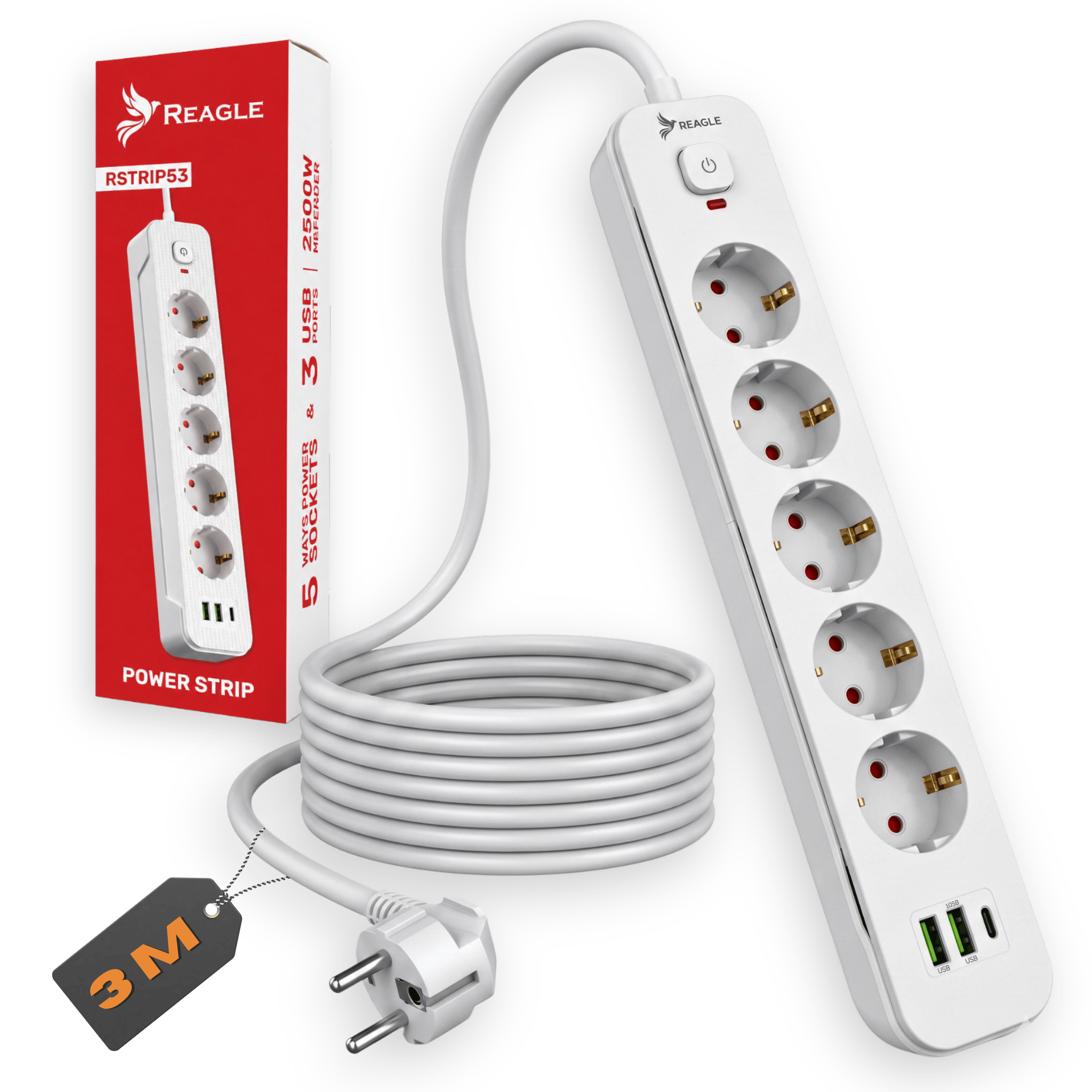 Przedłużacz 3 m 5 gniazd 3x USB biały