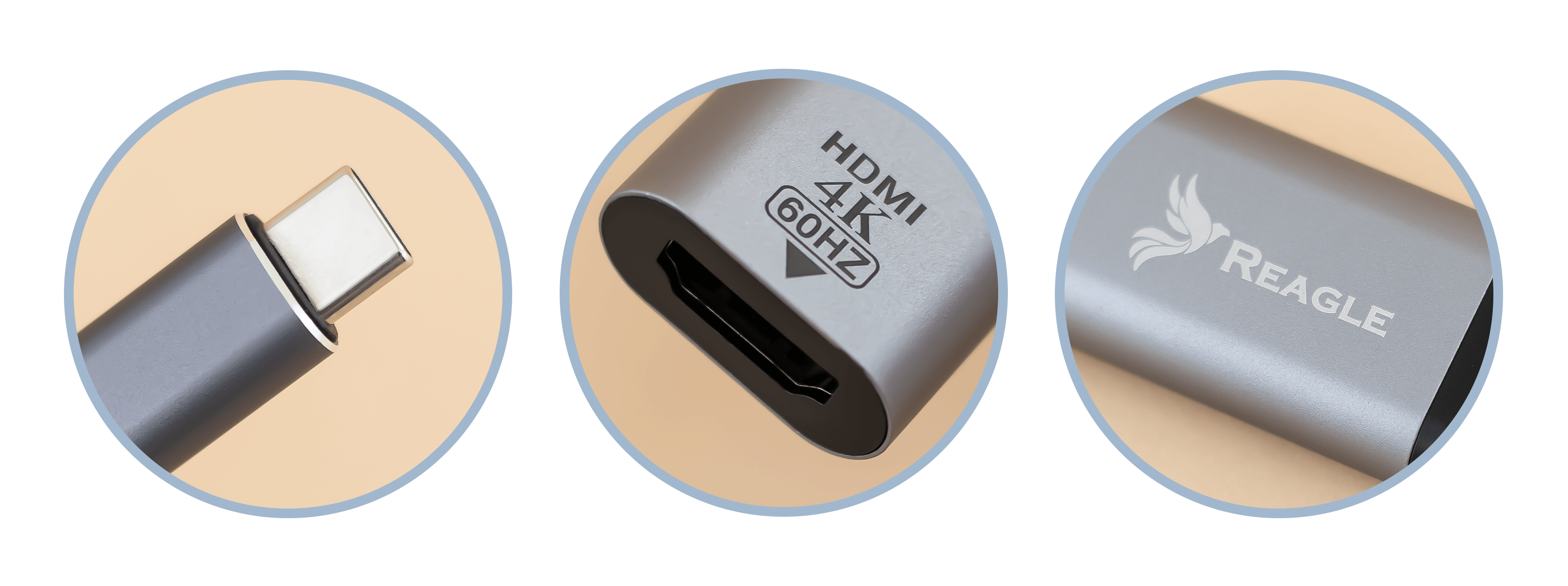Zbliżenia na wtyk USB-C, gniazdo HDMI 4K 60 Hz i logo Reagle na adapterze RYCH5