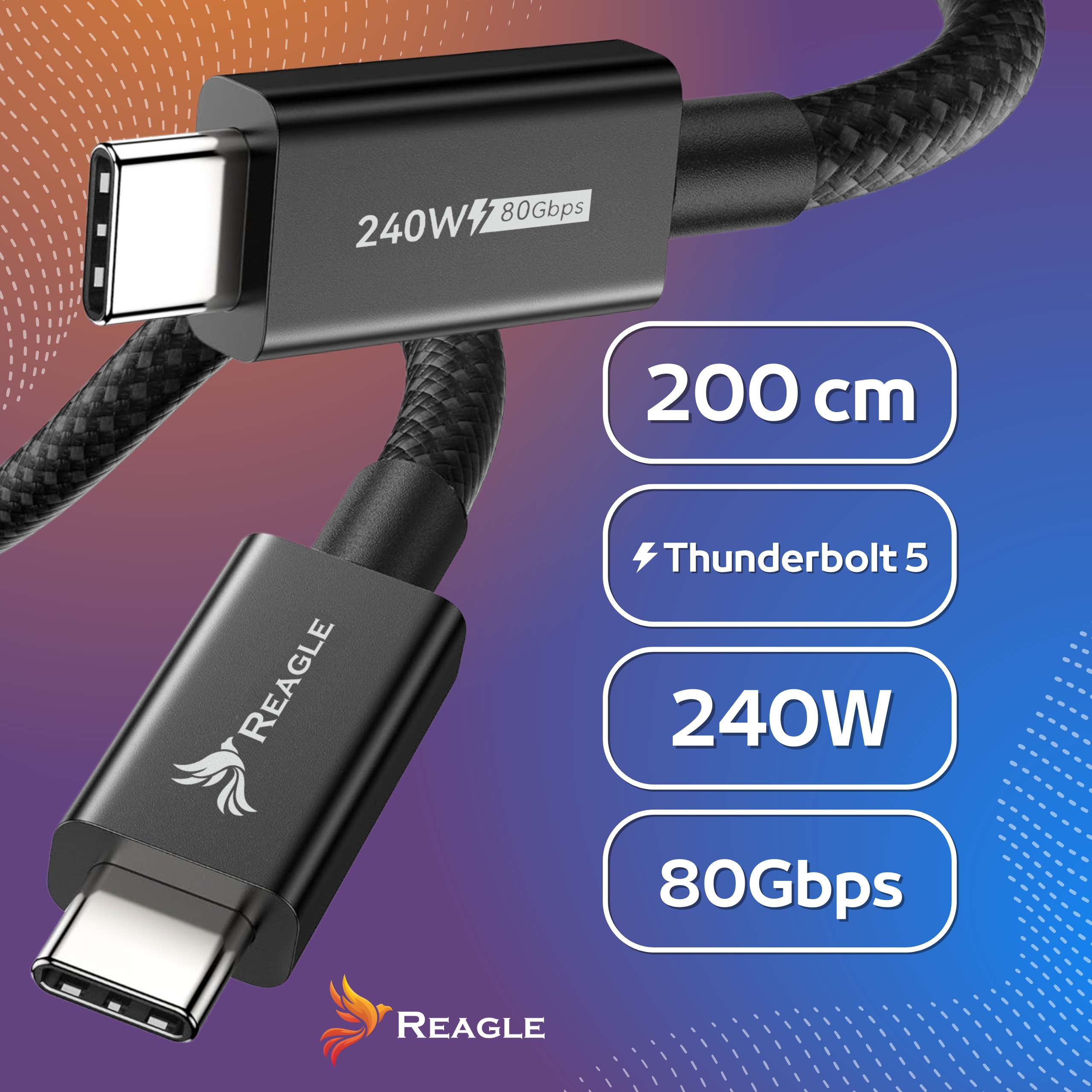 REAGLE Kabel THUNDERBOLT 5 USB-C PD 240W 16K 80 Gbps USB4, Macbook Pro 14 16 2m_2