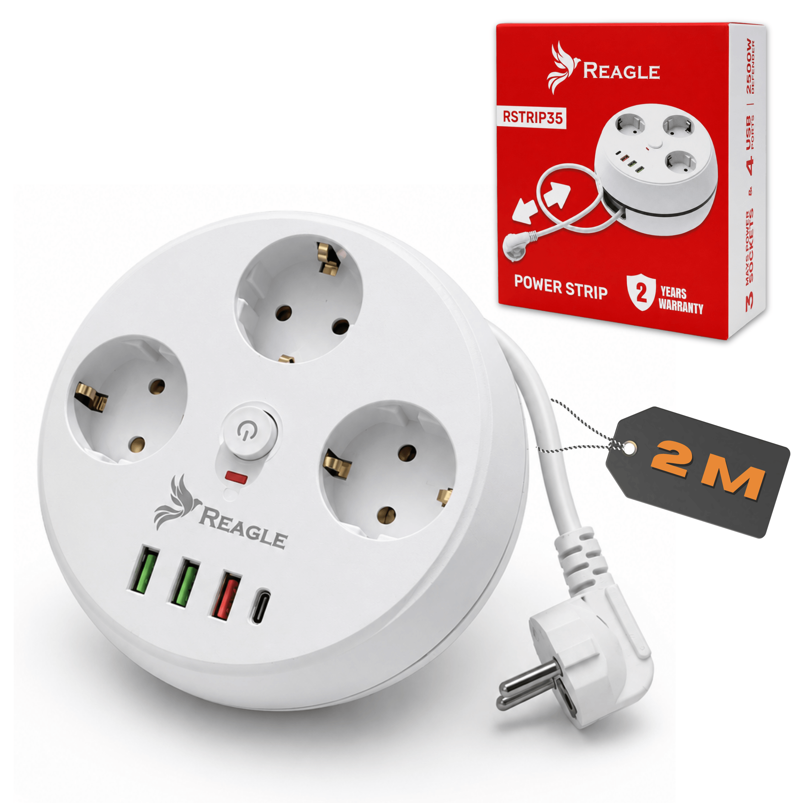 Listwa zasilająca 2 m 5 gniazd 4x USB biała zwijana
