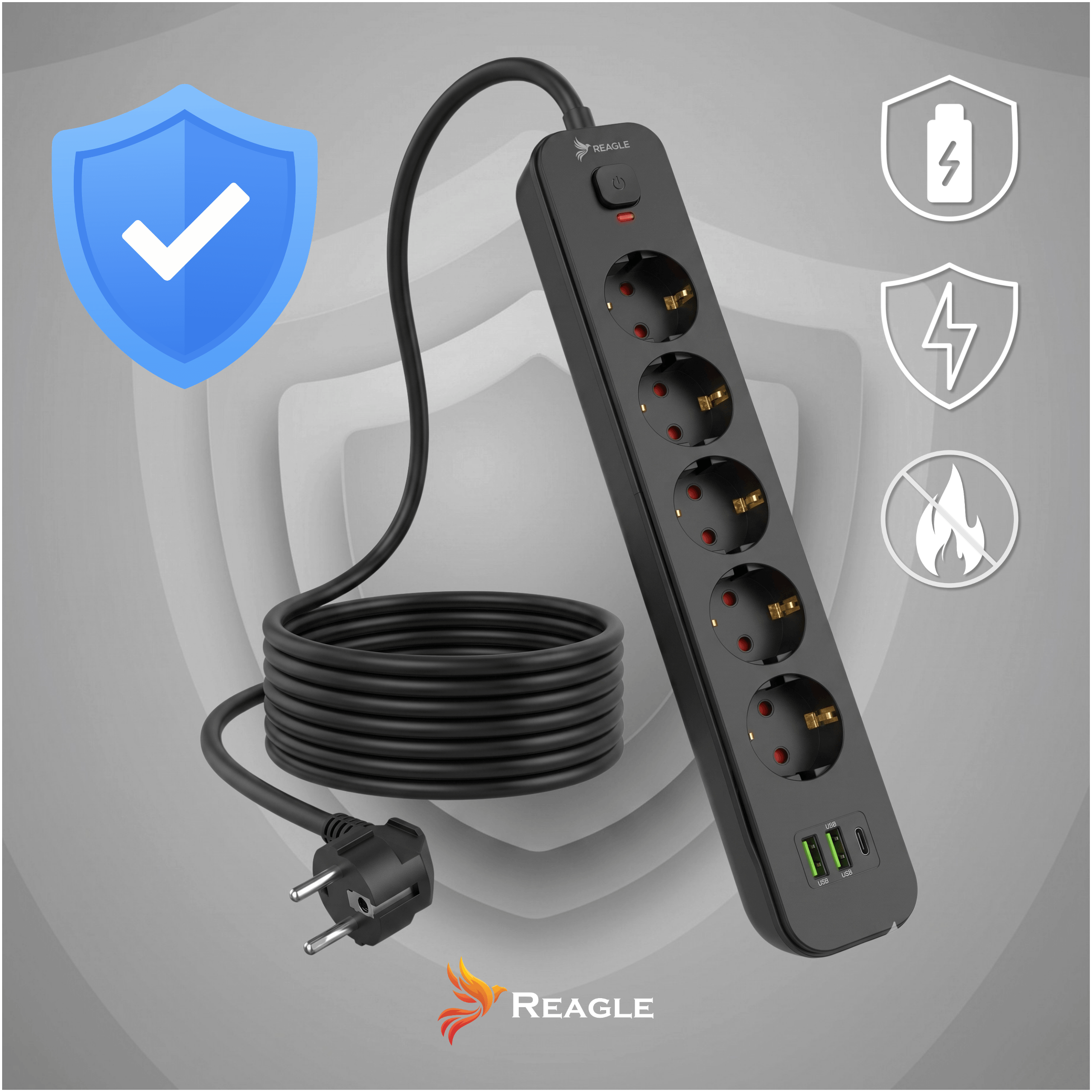 Przedłużacz 3 m 5 gniazd 3x USB czarny – bezpieczna listwa zasilająca