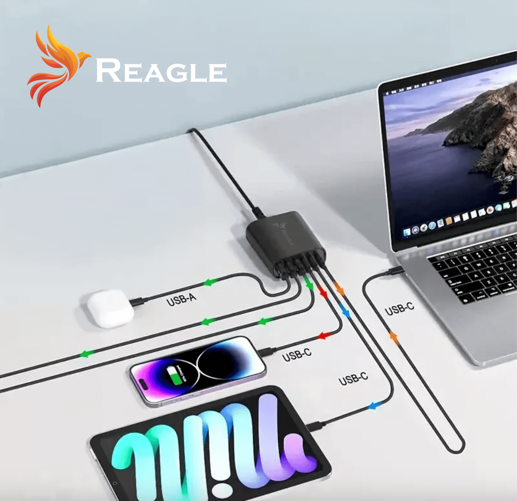 REAGLE SZYBKA ŁADOWARKA GaN 120W PD 3x USB C 3x QC 3.0 DO LAPTOPA IPHONE 65W MAC_3