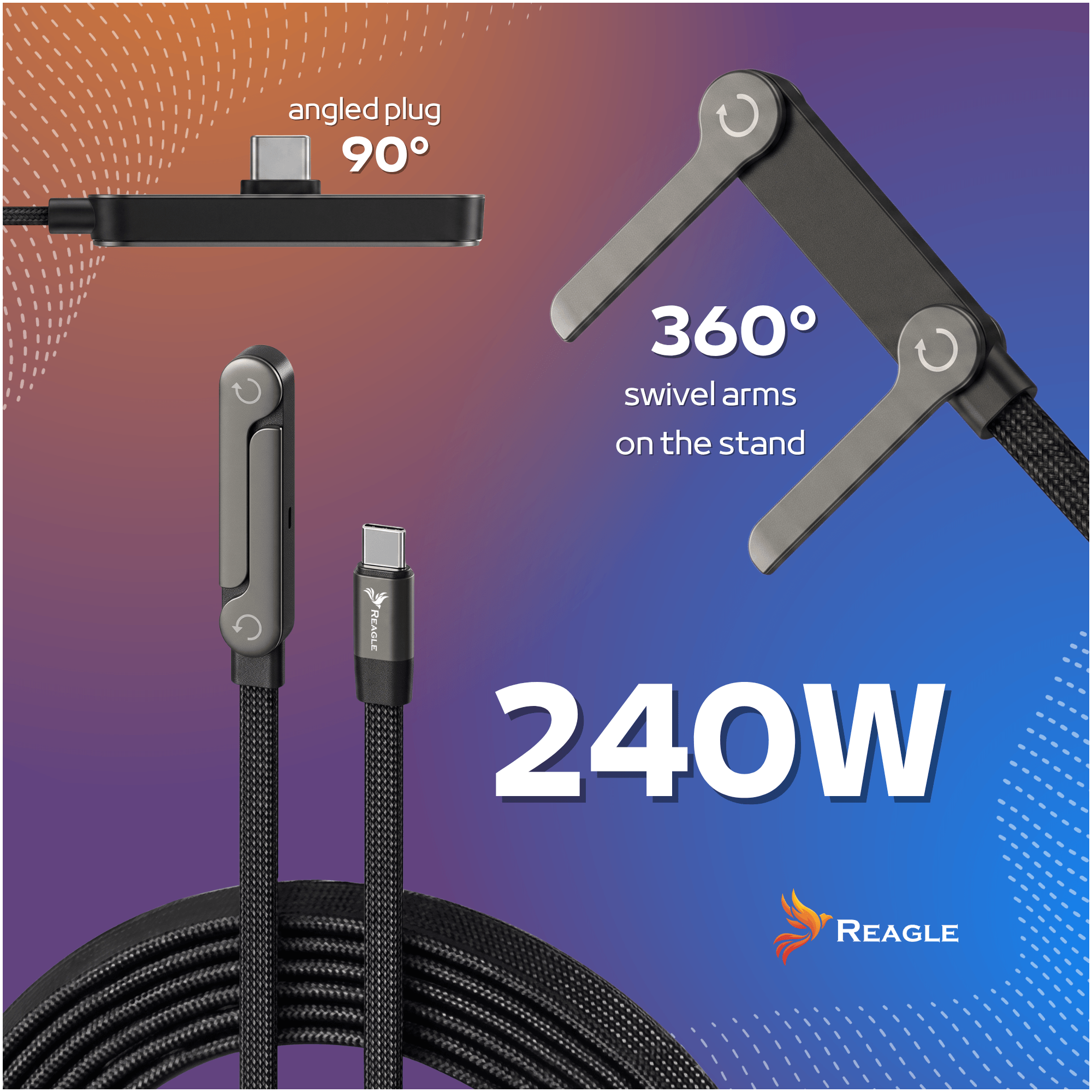 Kabel USB-C PD 240W QC 4.0 Reagle z podstawką stojakiem