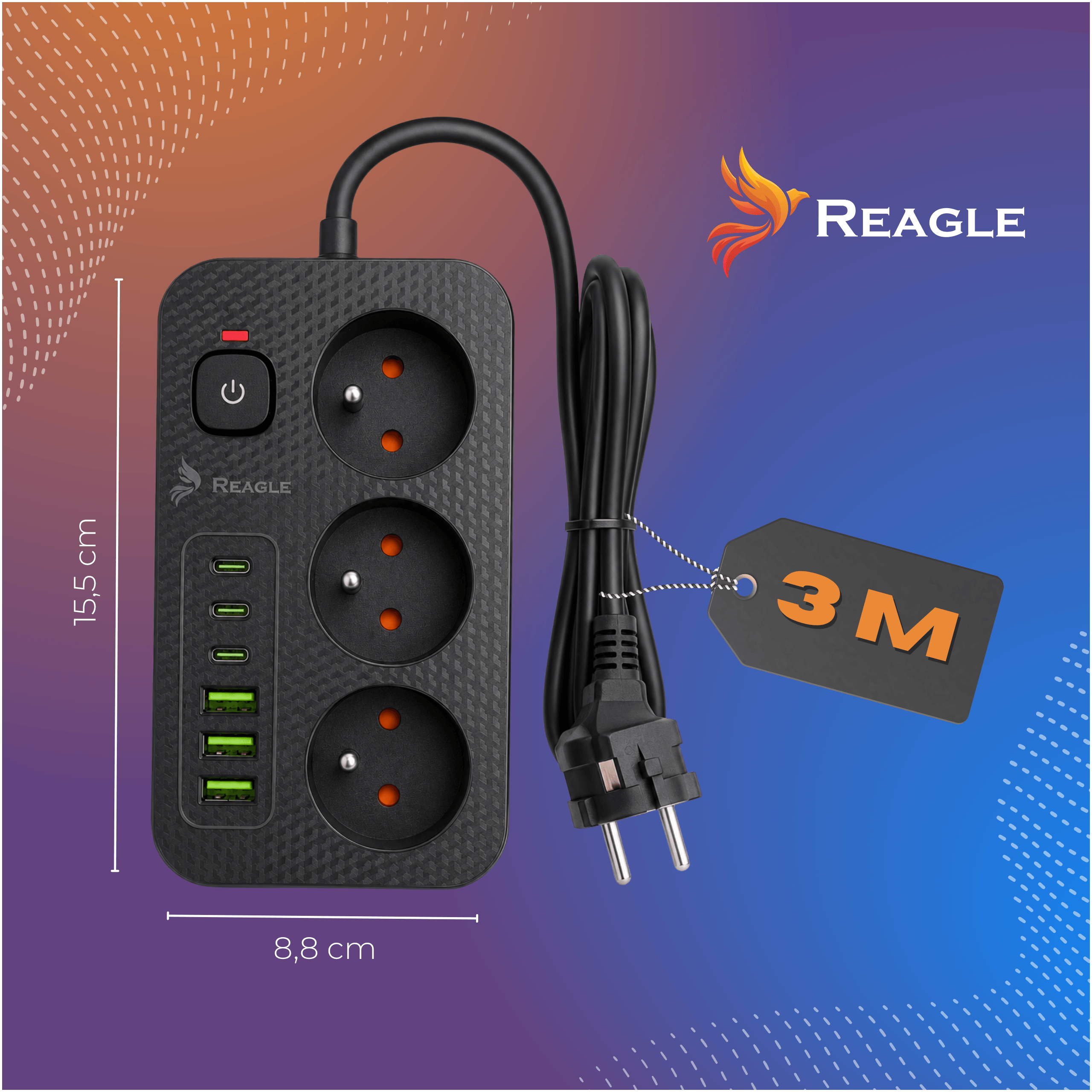 Listwa zasilająca 3 m 3 gniazda 6x USB antyprzepięciowa biały