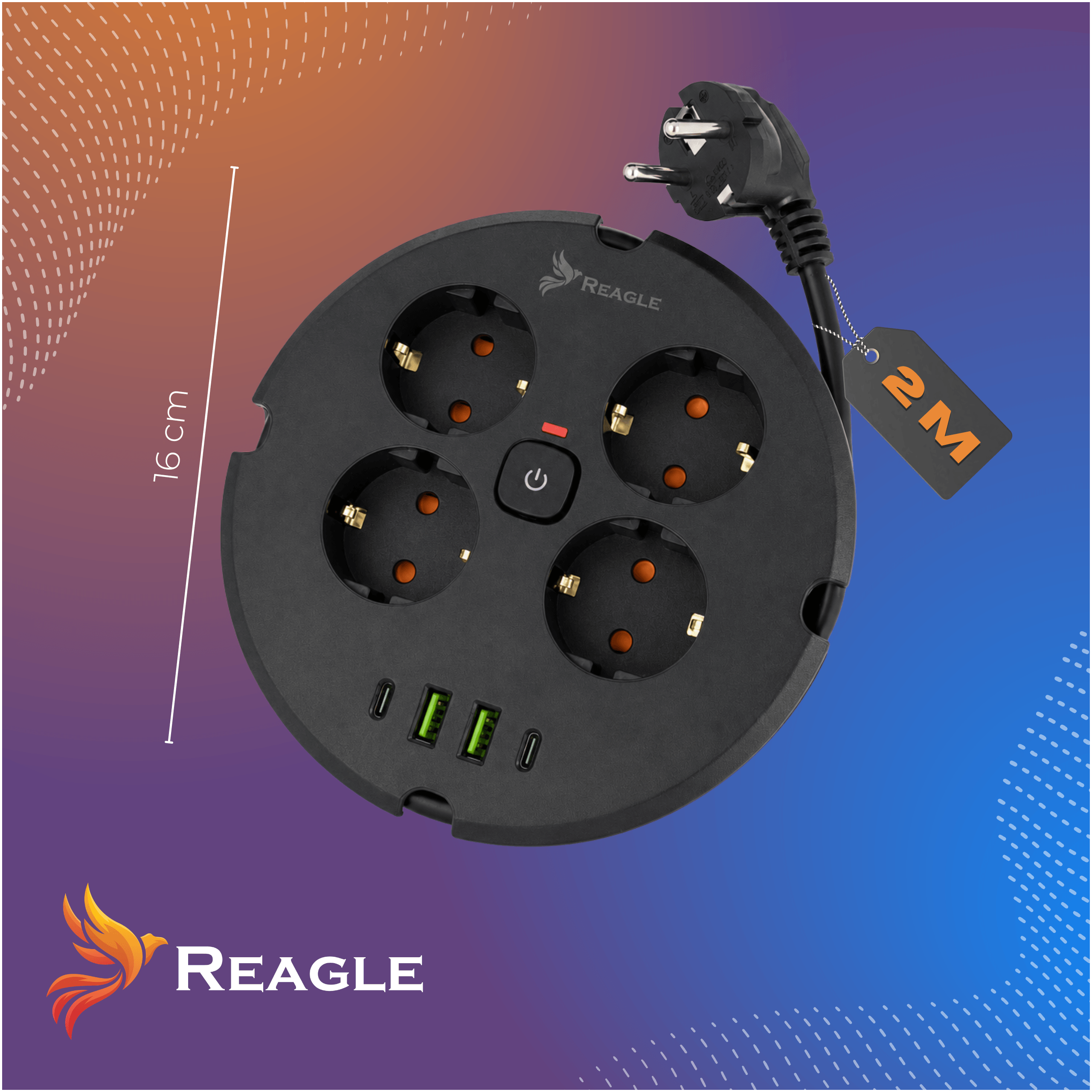 Przedłużacz / listwa antyprzepięciowa Reagle 4 gniazda 230V 2m 4x USB czarny