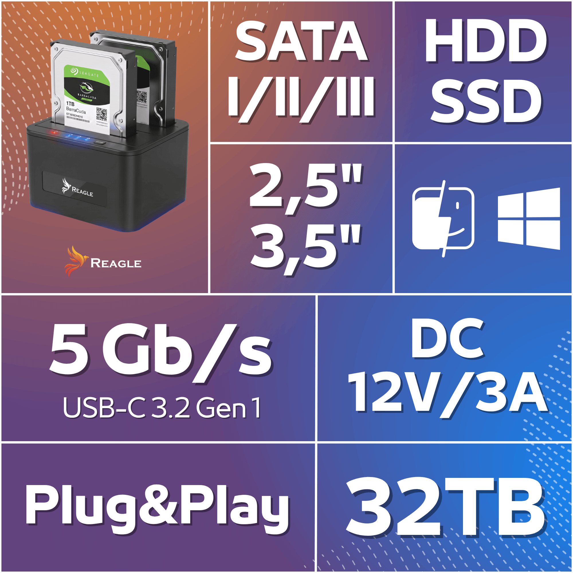 Reagle stacja dokująca HDD SSD SATA USB 3.2 klonowanie dysków