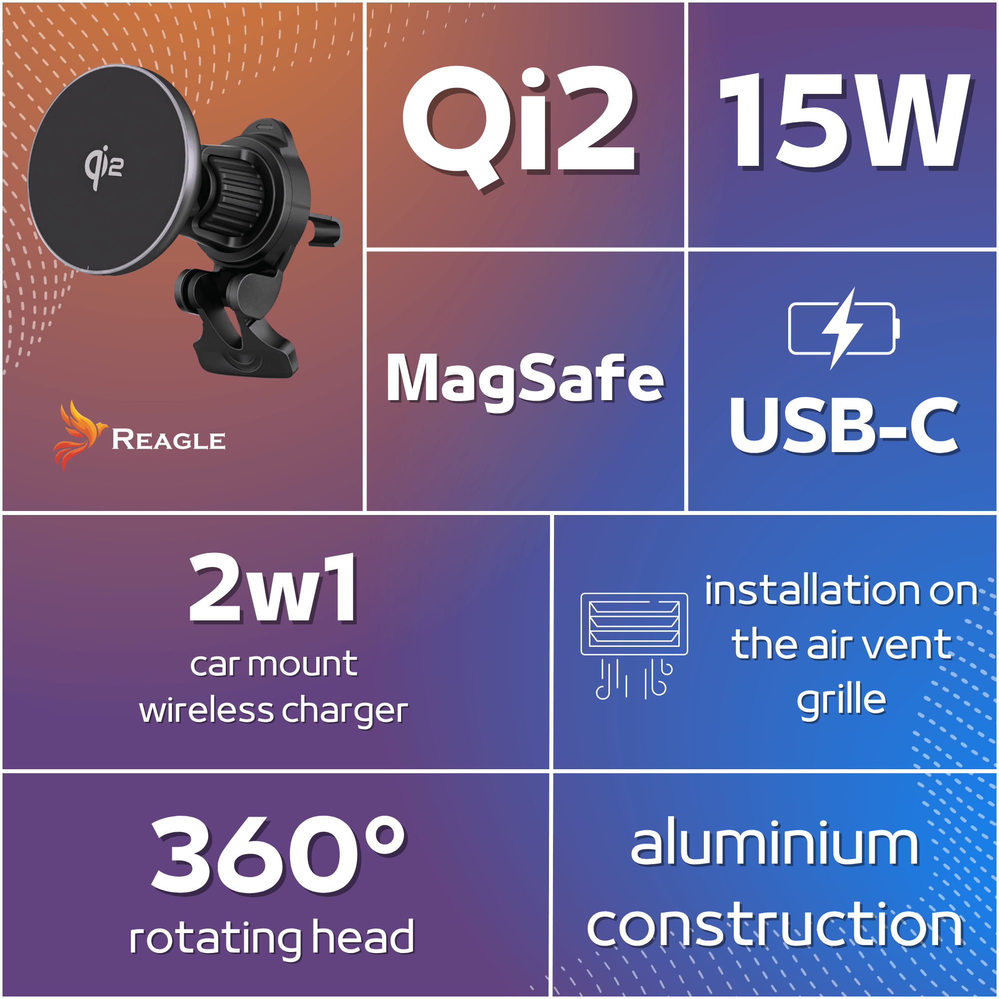 Uchwyt samochodowy Reagle MagSafe Qi2 15W