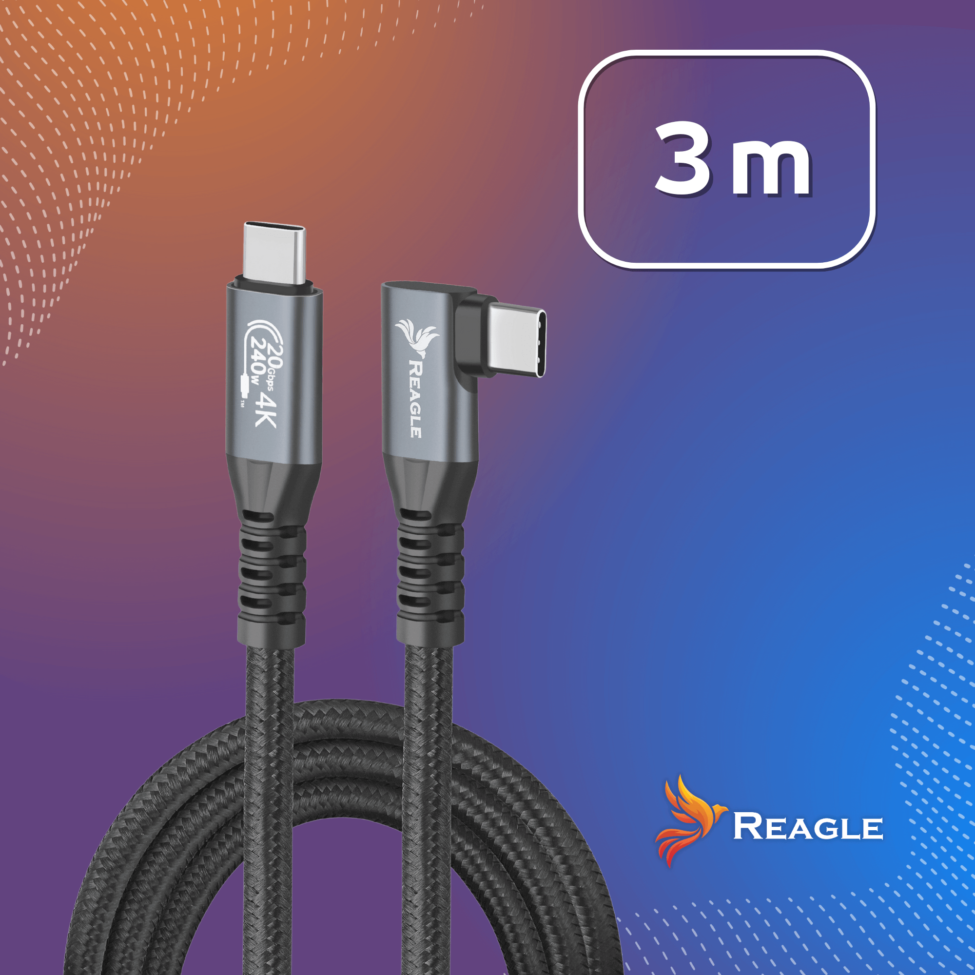 REAGLE Kabel USB-C 3.2 Thunderbolt 4K 60Hz QC 5A PD 100W Kątowy 10 Gb/s 3M_3