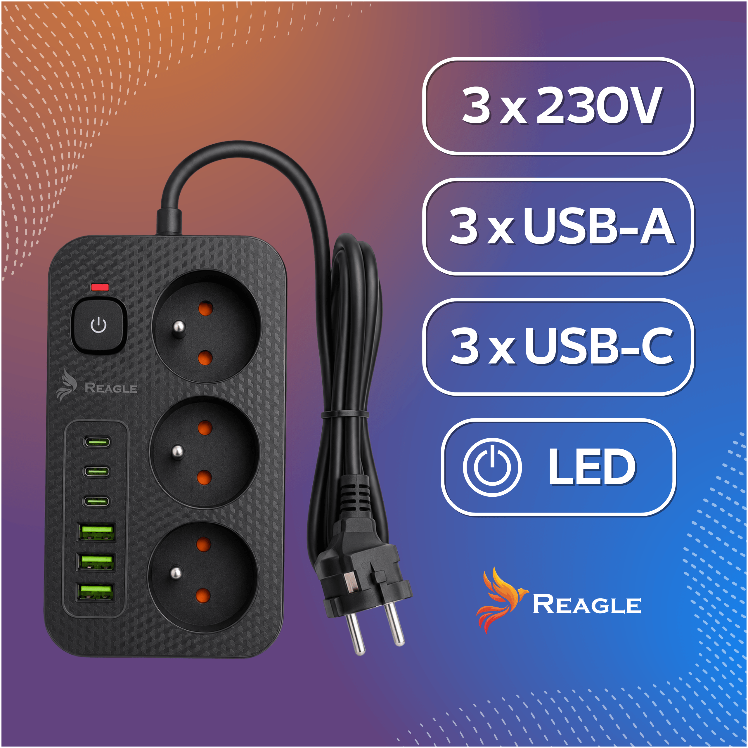 Reagle RSTRIP34 infografika 3 gniazda 230 V, 3 porty USB-A, 3 porty USB-C, 3 m oraz LED