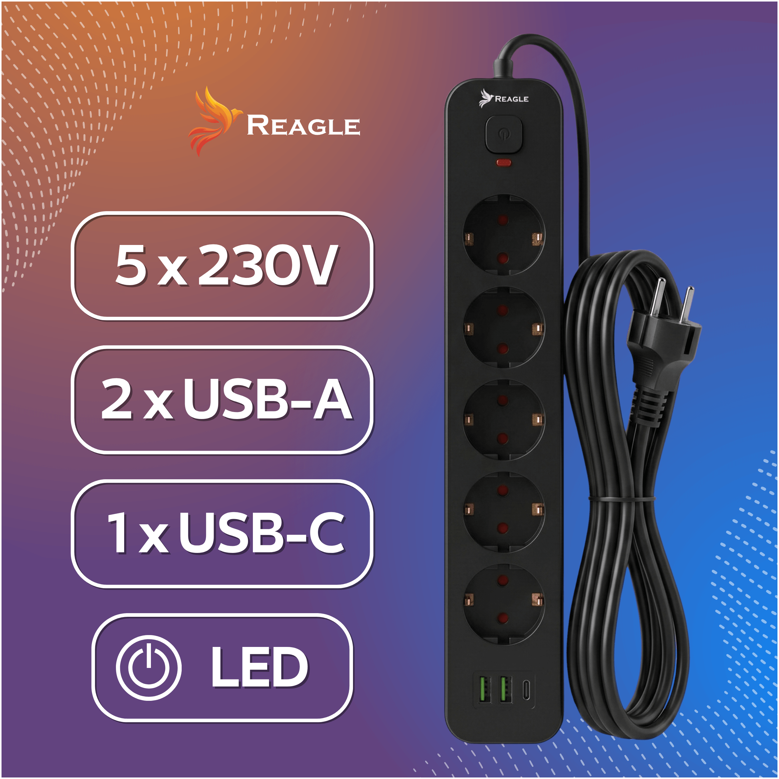 Przedłużacz 3 m 5 gniazd 3x USB czarny – podłącz wszystko wygodnie