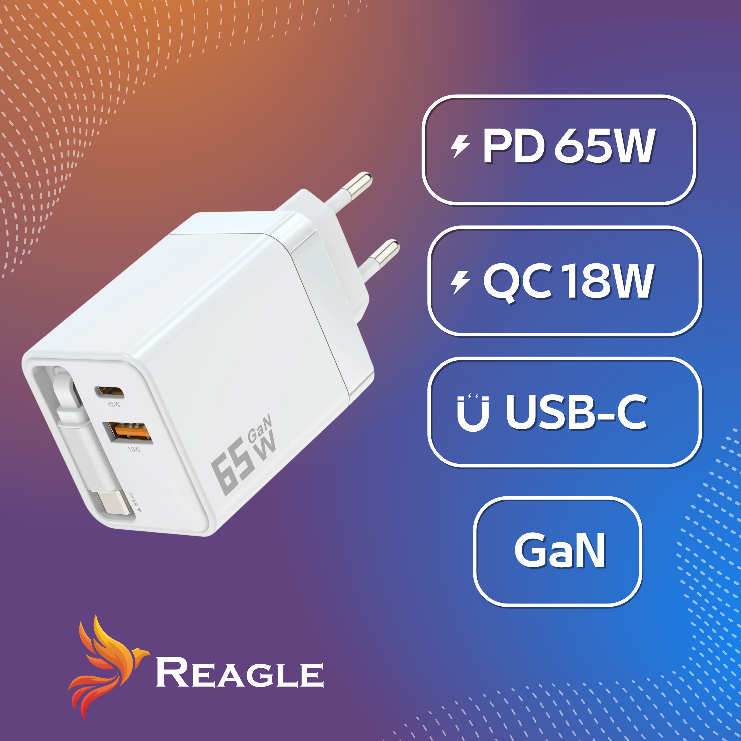 REAGLE Ładowarka Gan PD 65 W PD 1x USB-C, 1x QC 3.0 Laptop Iphone Zwijany Kabel_2