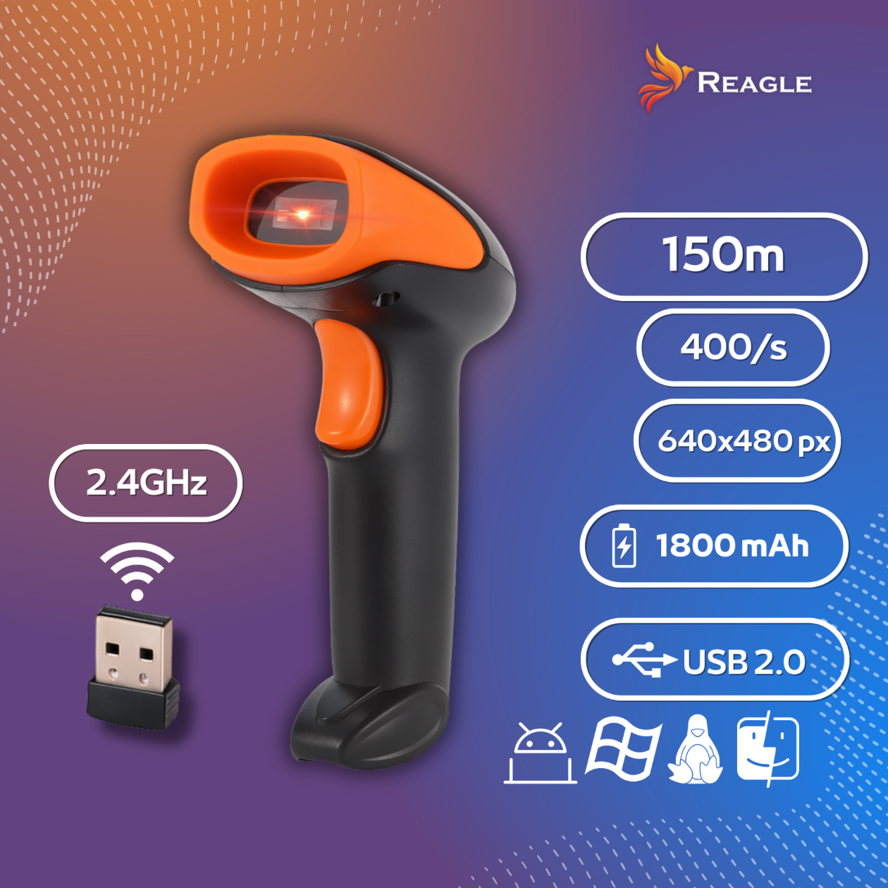 Bezprzewodowy skaner kodów kreskowych Reagle 1D 2D QR USB