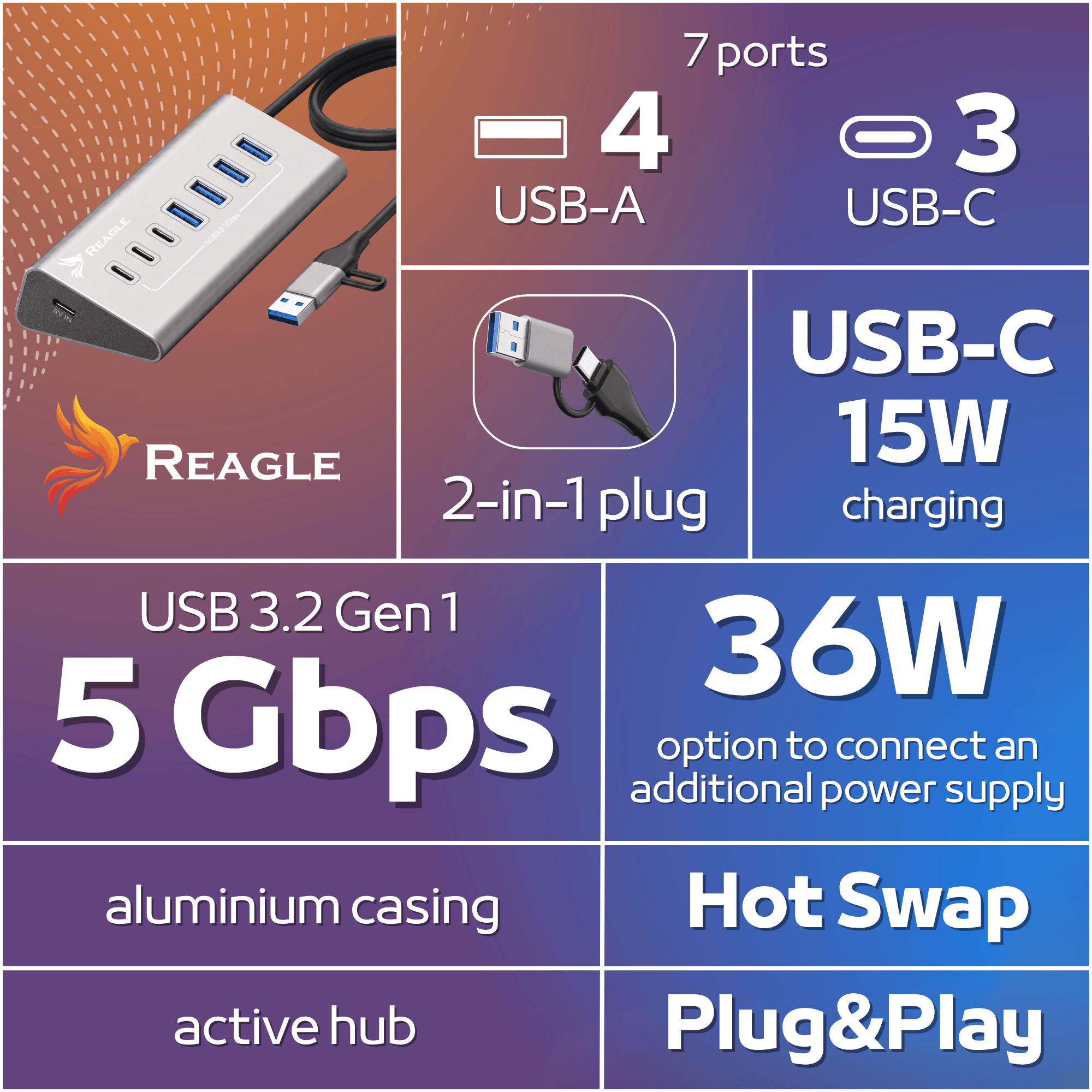 Reagle RHUB44AC aktywny hub USB 7 portów USB-A USB-C