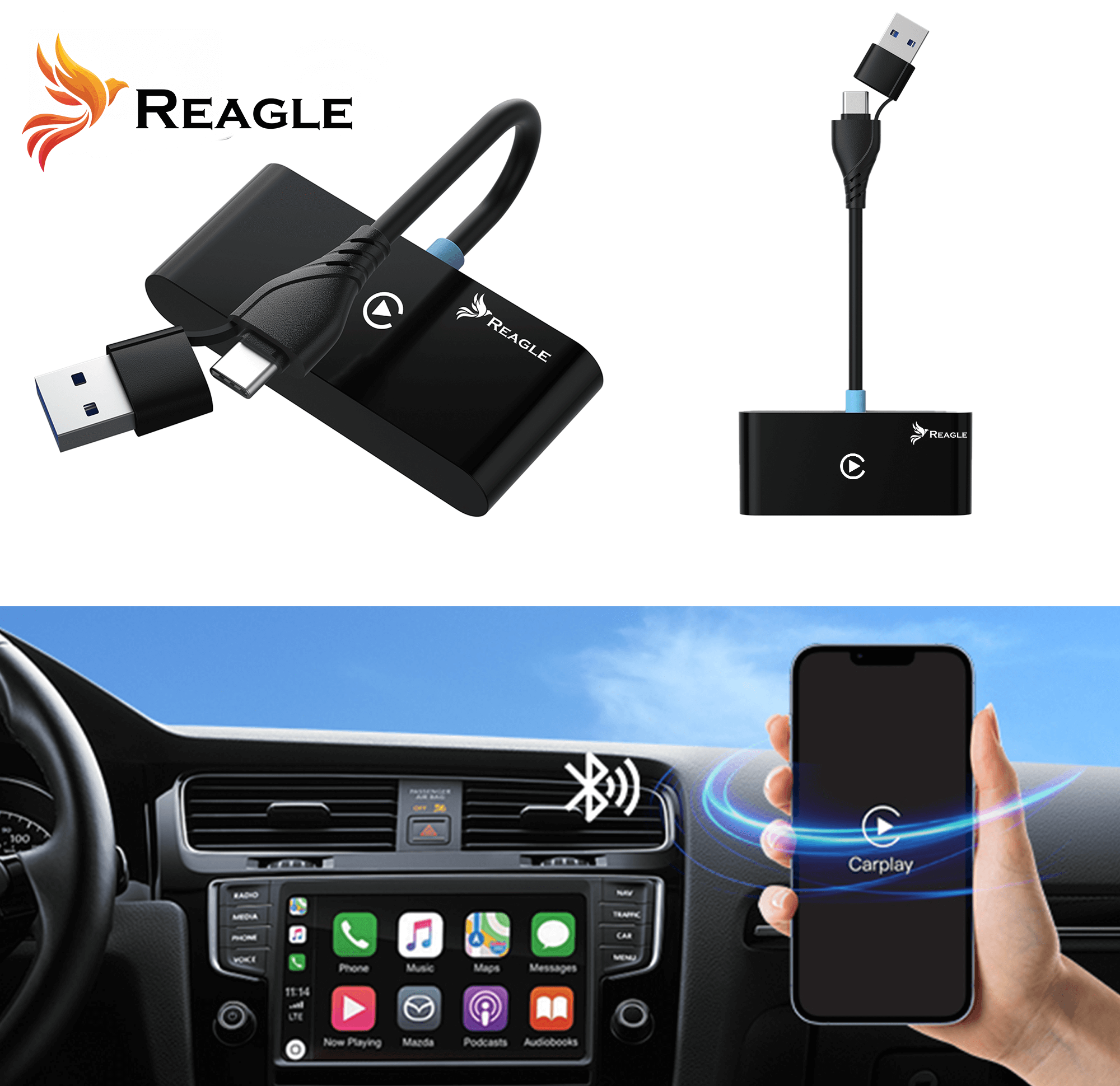 Reagle RCAR7 adapter bezprzewodowy Apple CarPlay Android Auto – Ulubione funkcje telefonu na ekranie samochodu.