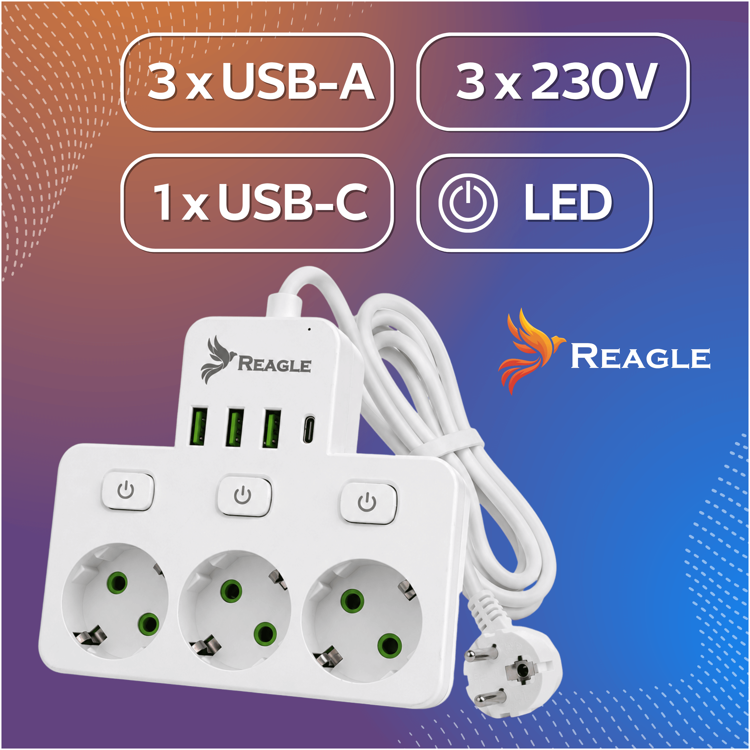 Przedłużacz 3 m 3 gniazda 3x USB 1x USB-C biały