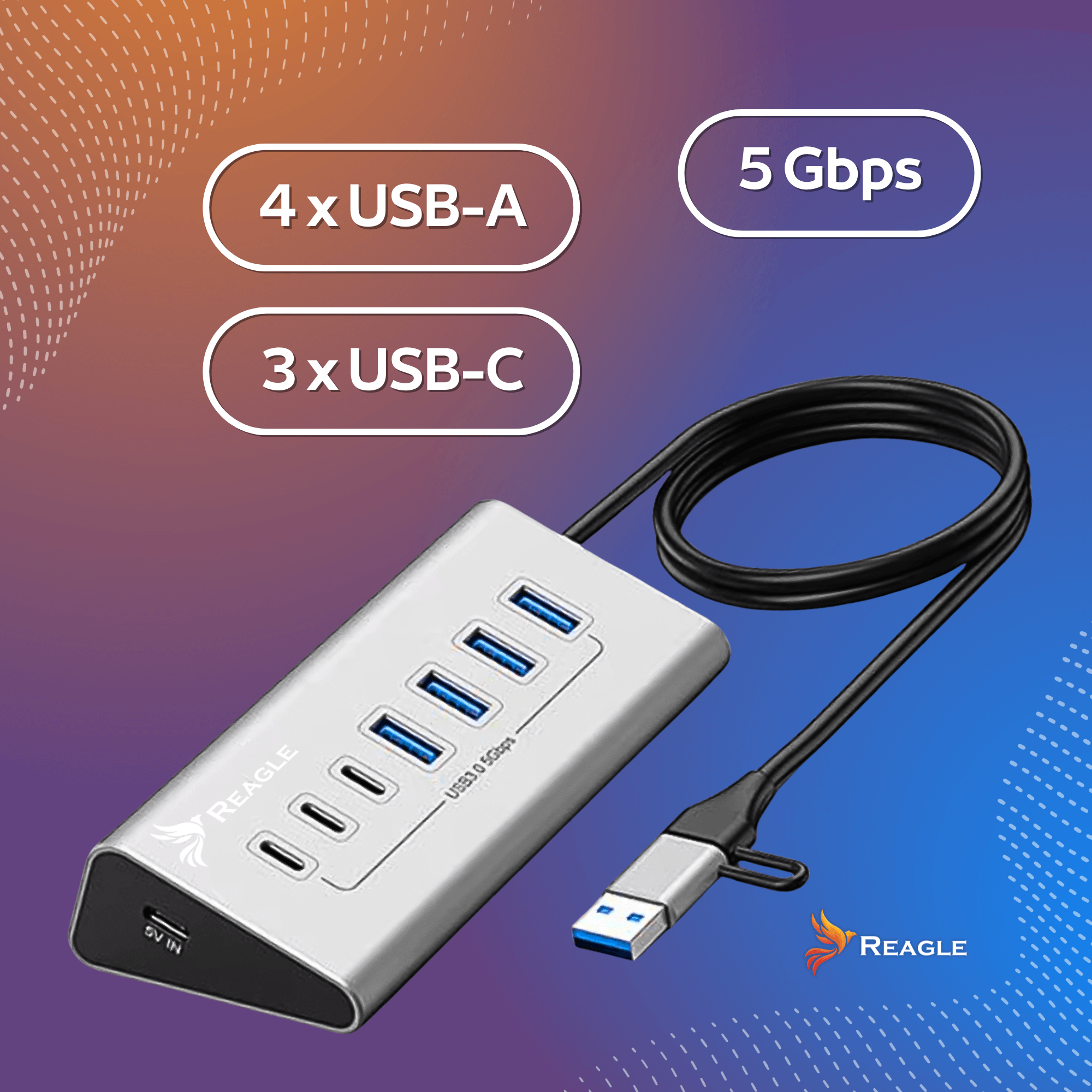 HUB USB AKTYWNY 7 PORTÓW USB 3.2 ROZDZIELACZ ROZGAŁĘŹNIK 7w1 USB-C DO 36W REAGLE_2