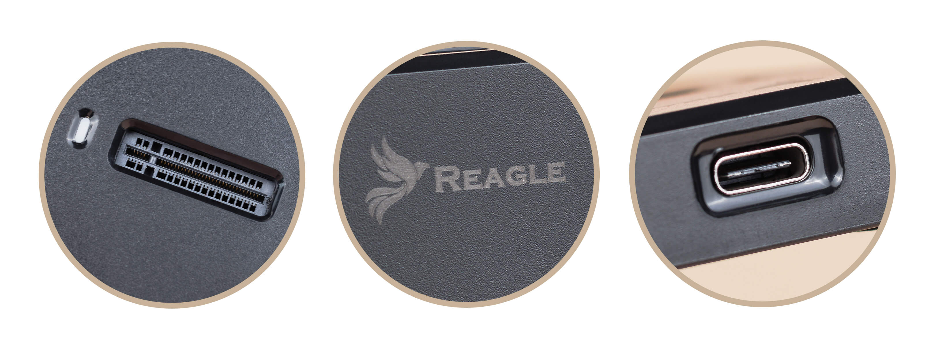Zbliżenie na złącze dysku M.2, logo Reagle oraz port USB-C w adapterze RY5M2