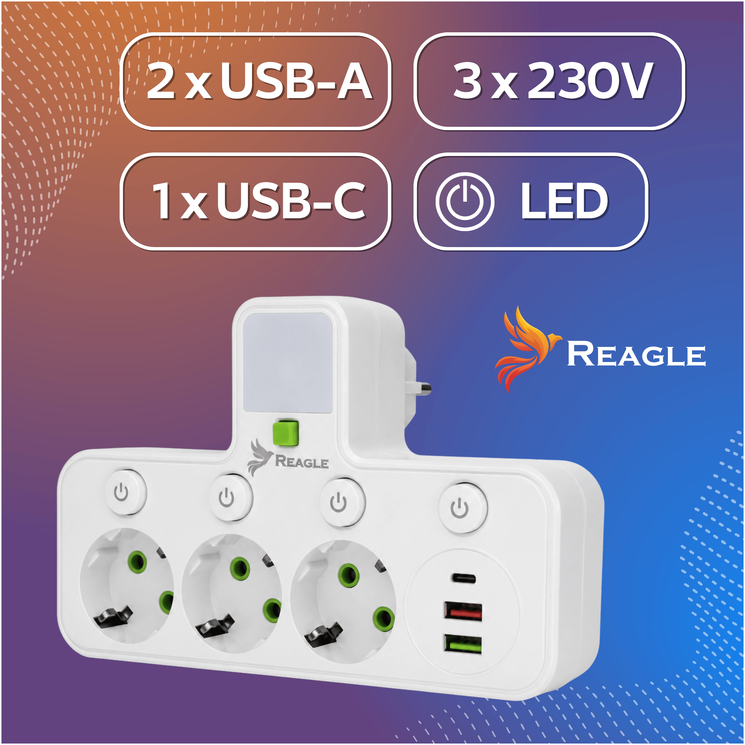 Listwa zasilająca 3 gniazda 230V 3x USB z lampką LED biały