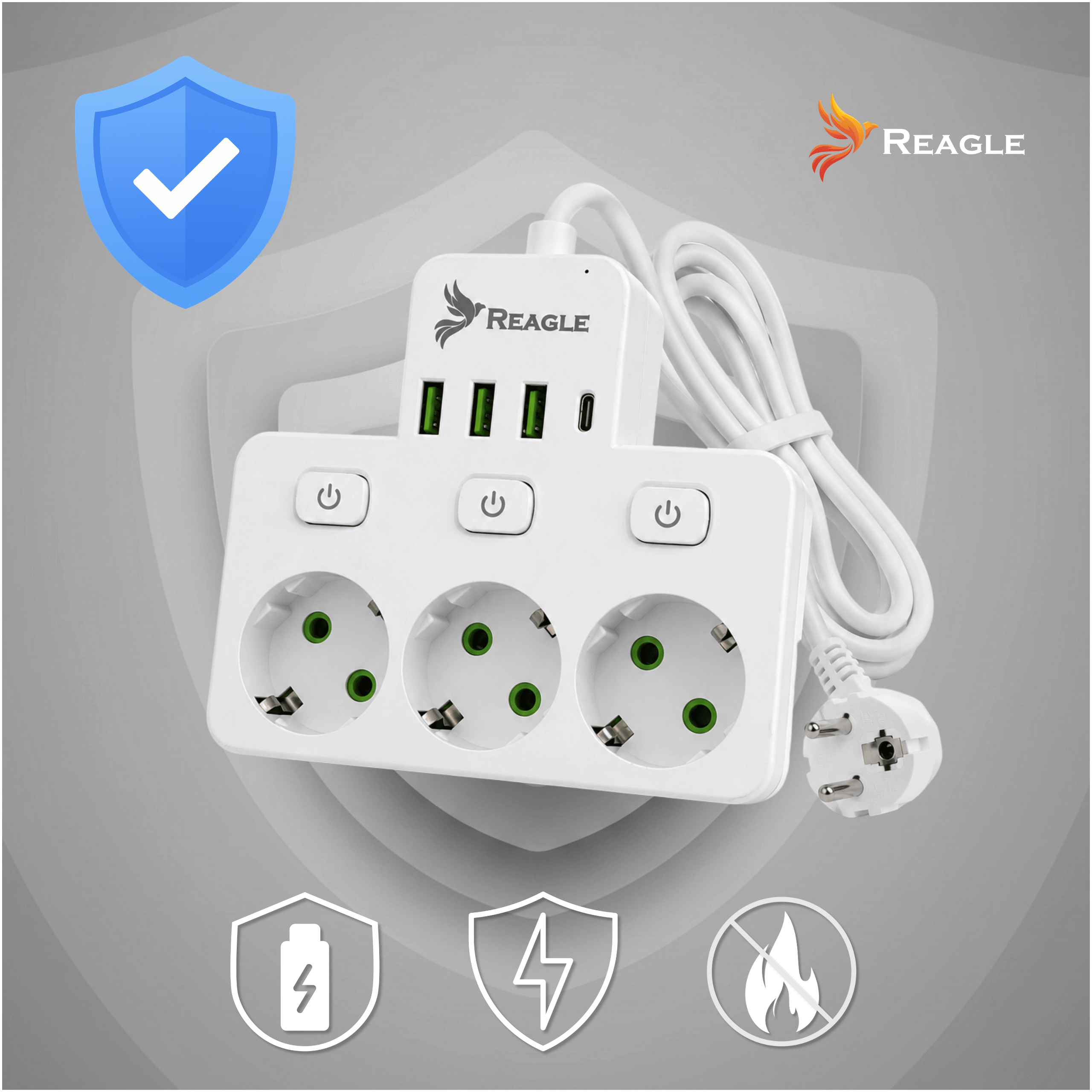 Przedłużacz 3 m 3 gniazda 3x USB 1x USB-C biały – bezpieczna listwa zasilająca
