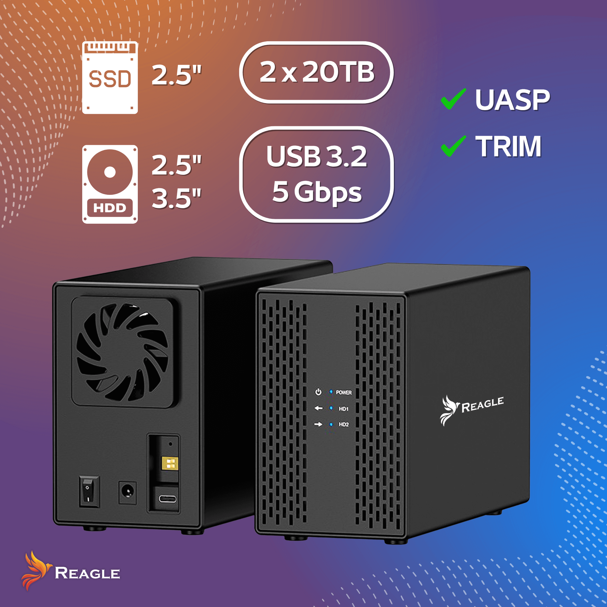 Obudowa Dysku HDD SSD 2x 3,5" SATA III USB 3.2 Kieszeń DO 40TB 36W Wiatrak_2