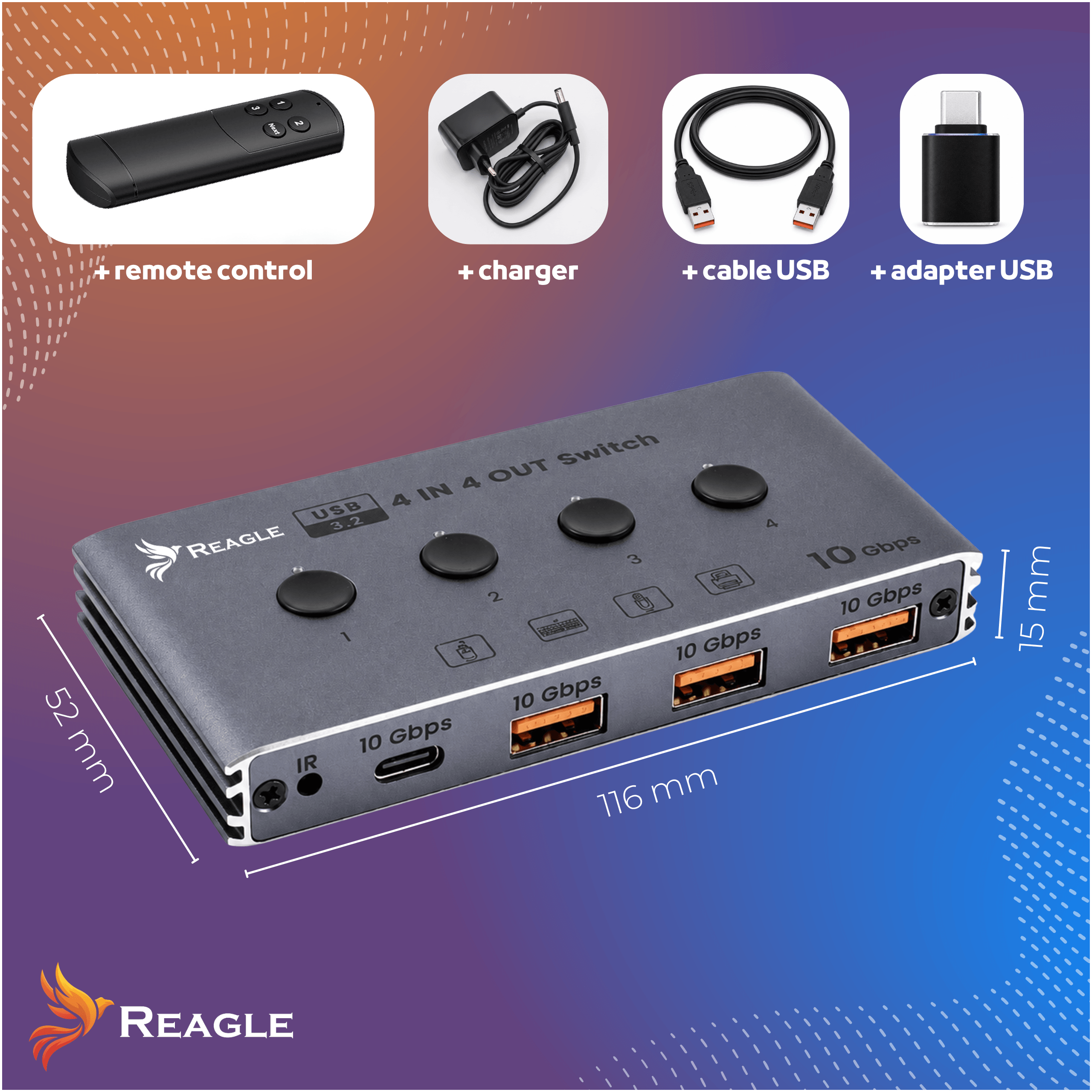 Przełącznik Switch USB 3.2 10Gbps KVM 4x4 z pilotem i 4 porty USB HUB
