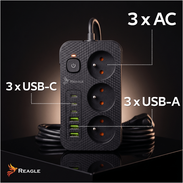 Listwa Reagle RSTRIP34 z podpisanymi portami trzy USB-A, trzy USB-C i trzema gniazdami sieciowymi