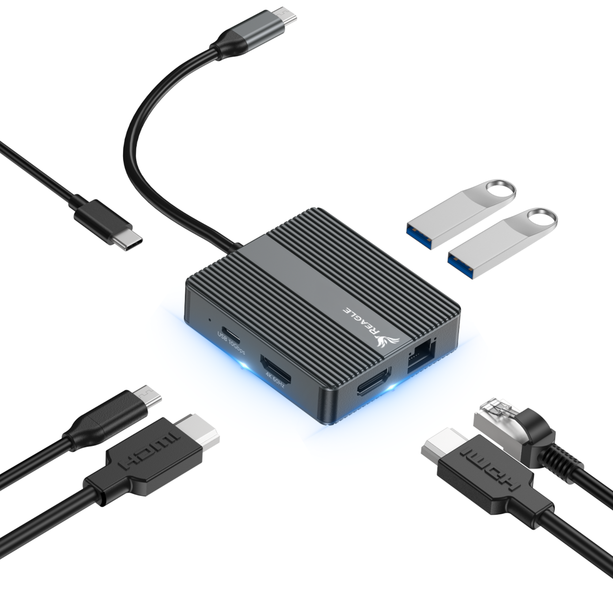 Hub USB-C Reagle 7w1 2x HDMI 4K 60Hz PD 100W USB 3.2 LAN RJ45